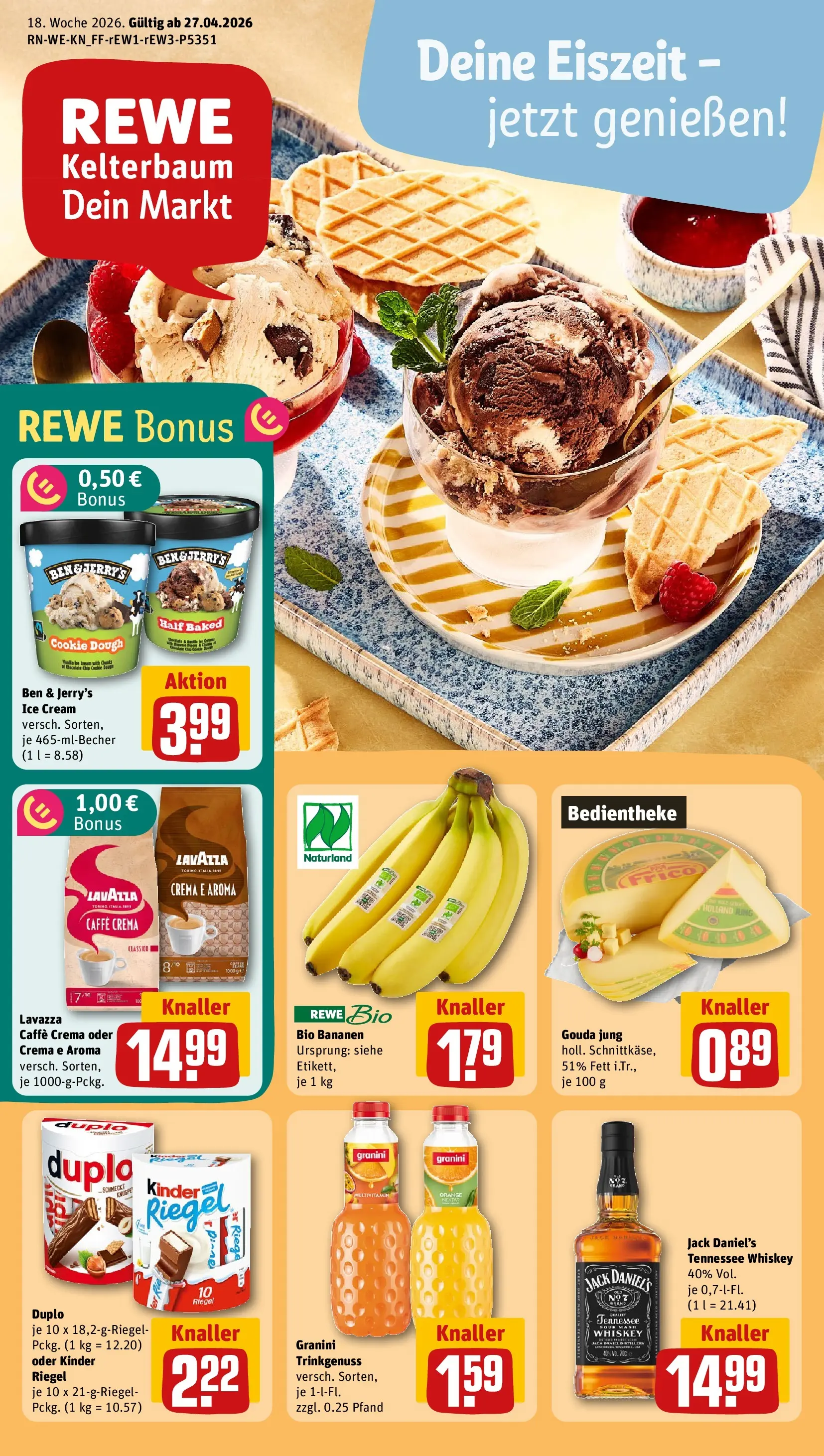 REWE Prospekt ab 27.04.2026 zum Blättern » Angebote | Seite: 1 | Produkte: Lavazza, Gouda, Bananen, Jack Daniel's