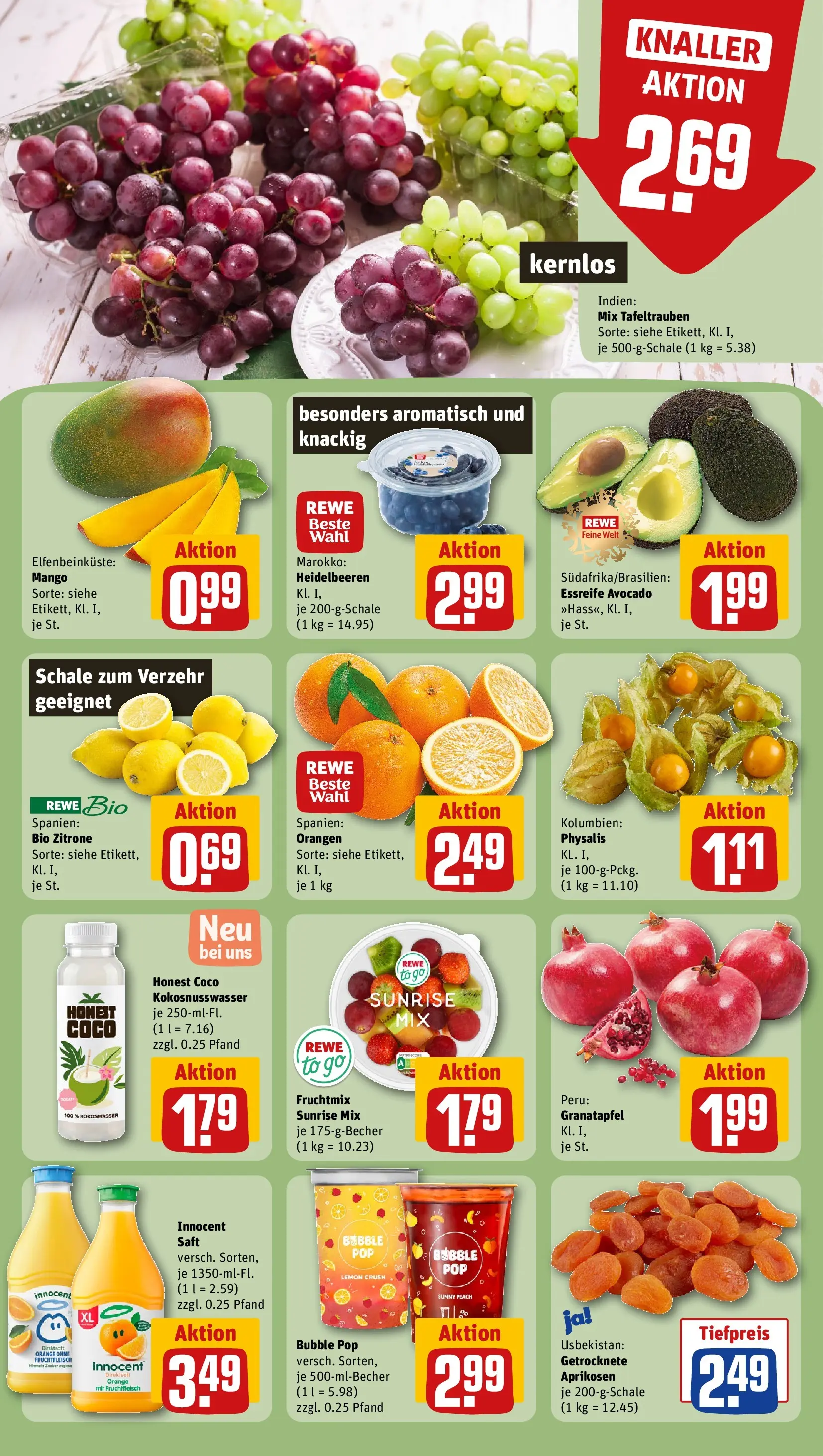 REWE Prospekt ab 27.04.2026 zum Blättern » Angebote | Seite: 4 | Produkte: Granatapfel, Heidelbeeren, Zucker, Saft