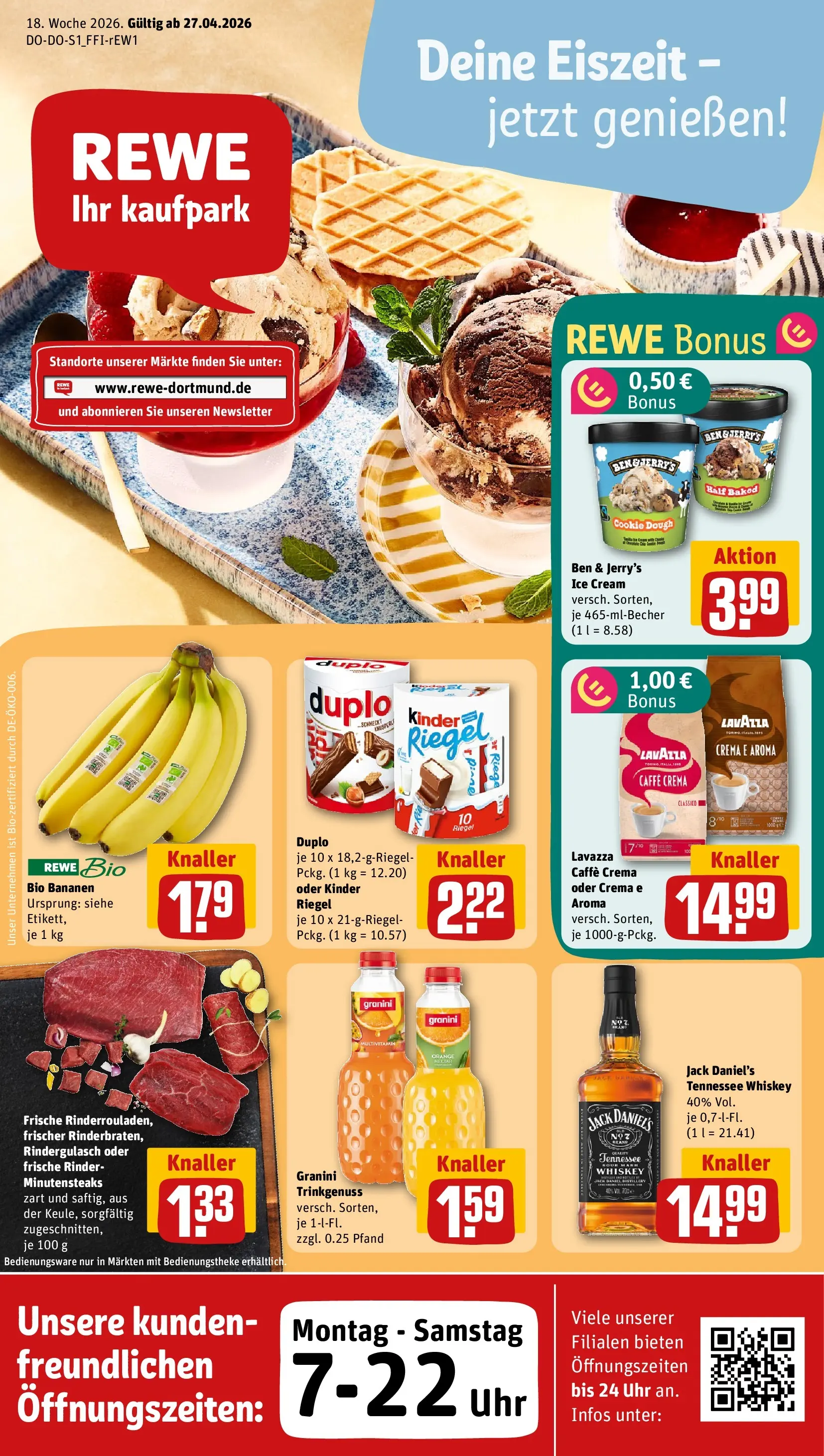 REWE Prospekt ab 27.04.2026 zum Blättern » Angebote | Seite: 1 | Produkte: Rindergulasch, Kinder riegel, Granini, Uhr