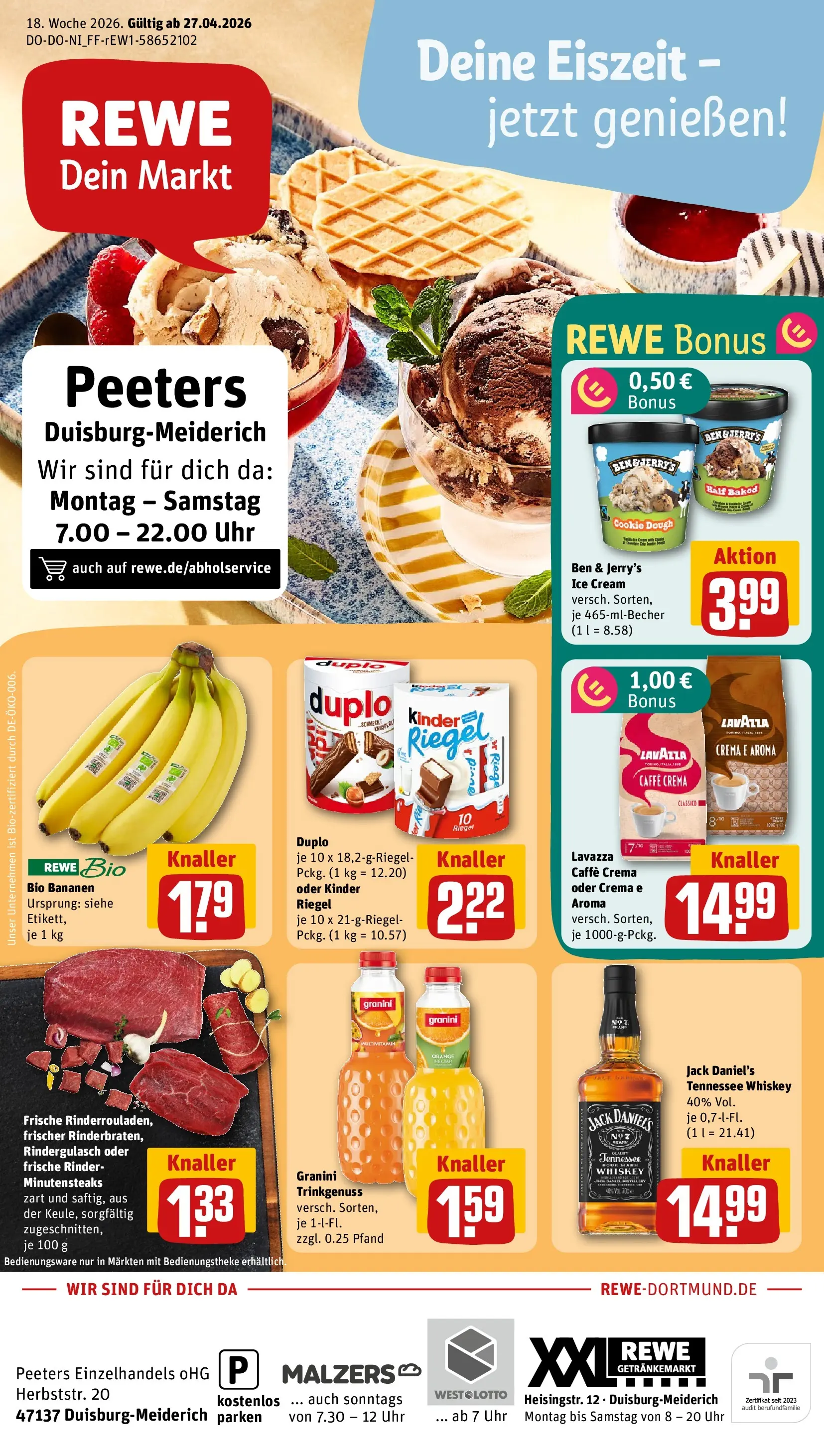 REWE Prospekt ab 27.04.2026 zum Blättern » Angebote | Seite: 1 | Produkte: Rindergulasch, Kinder riegel, Granini, Uhr