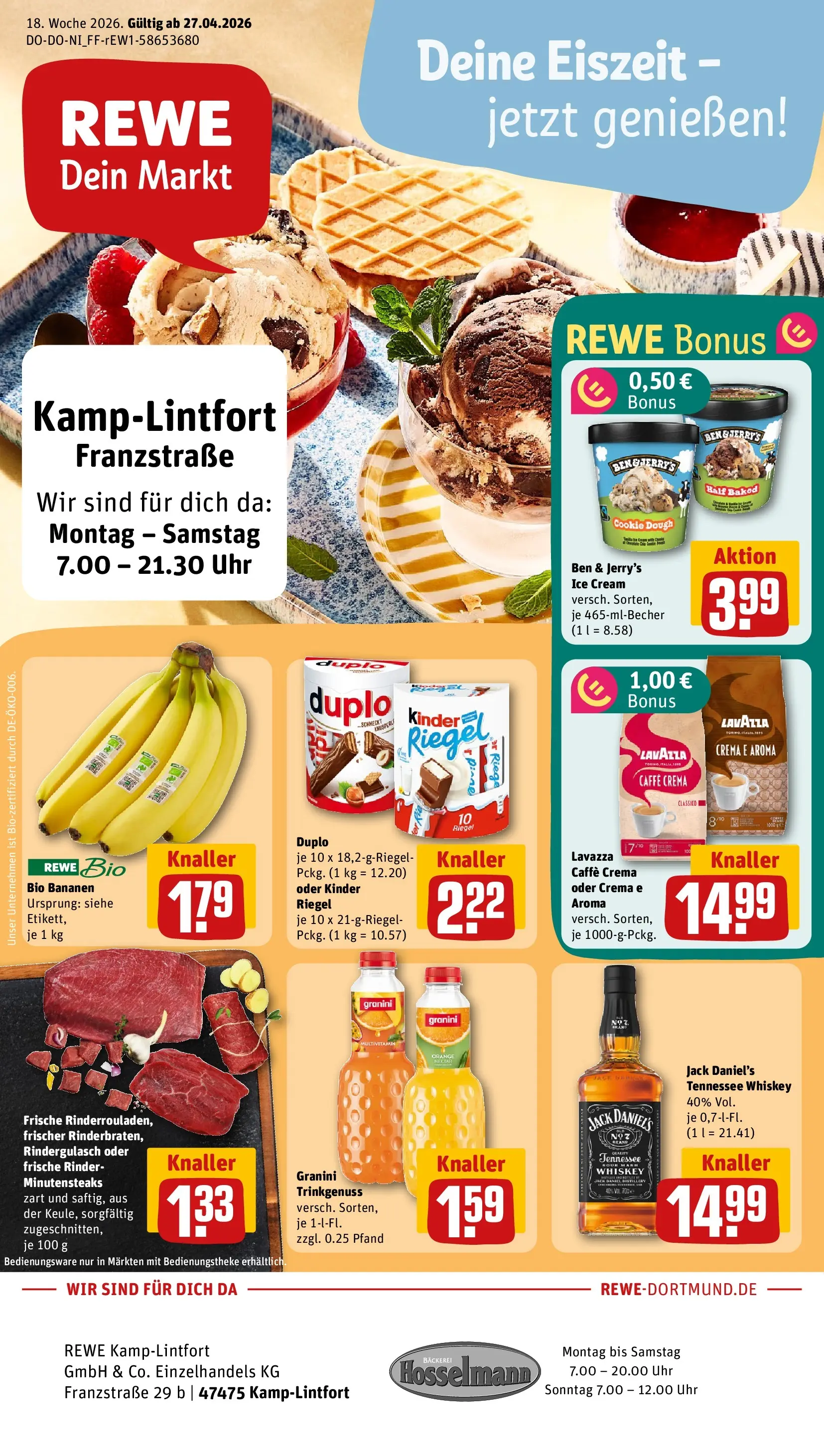 REWE Prospekt ab 27.04.2026 zum Blättern » Angebote | Seite: 1 | Produkte: Lavazza, Bäckerei, Bananen, Jack Daniel's