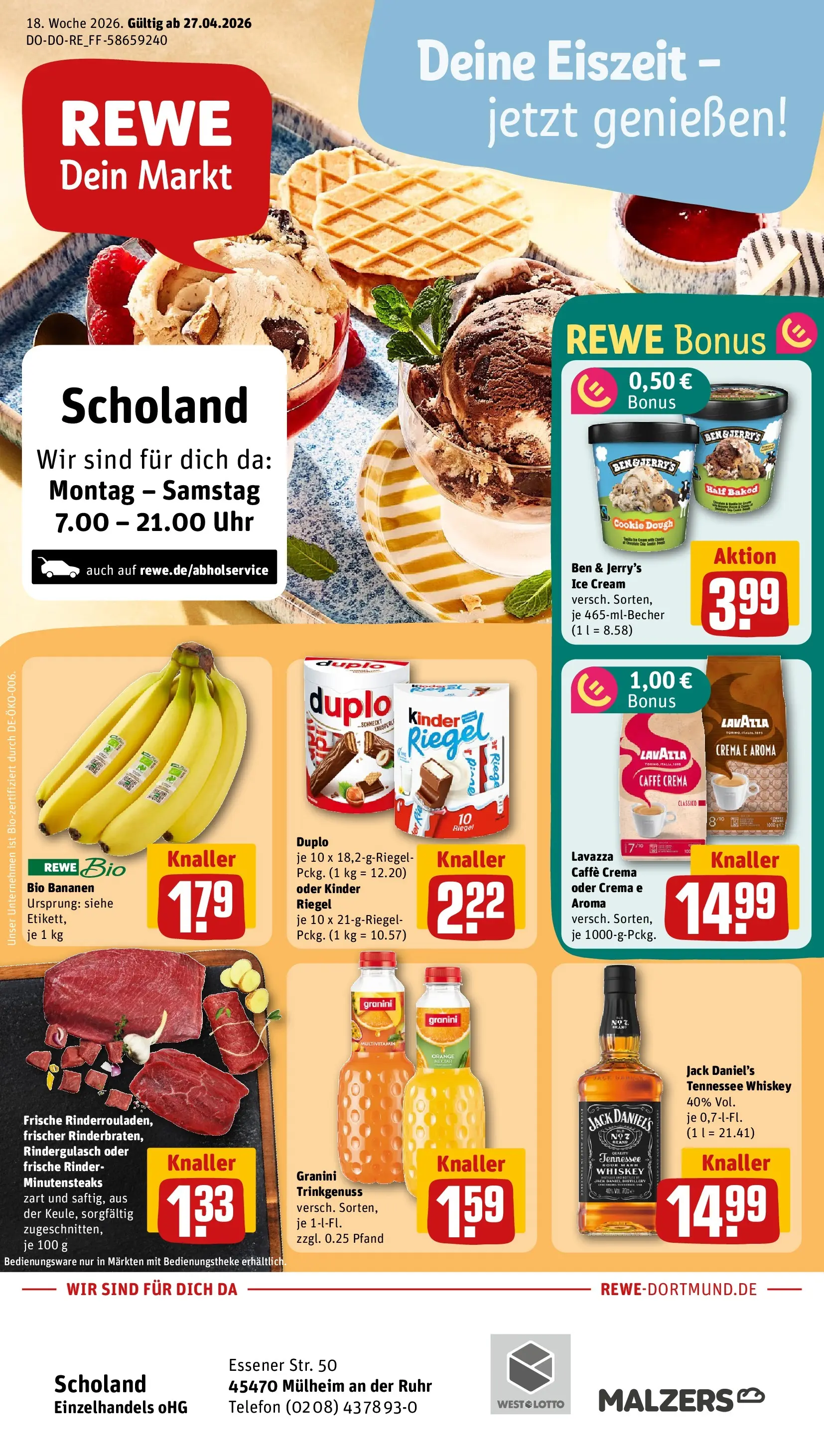 REWE Prospekt ab 27.04.2026 zum Blättern » Angebote | Seite: 1 | Produkte: Lavazza, Jack Daniel's, Telefon, Uhr