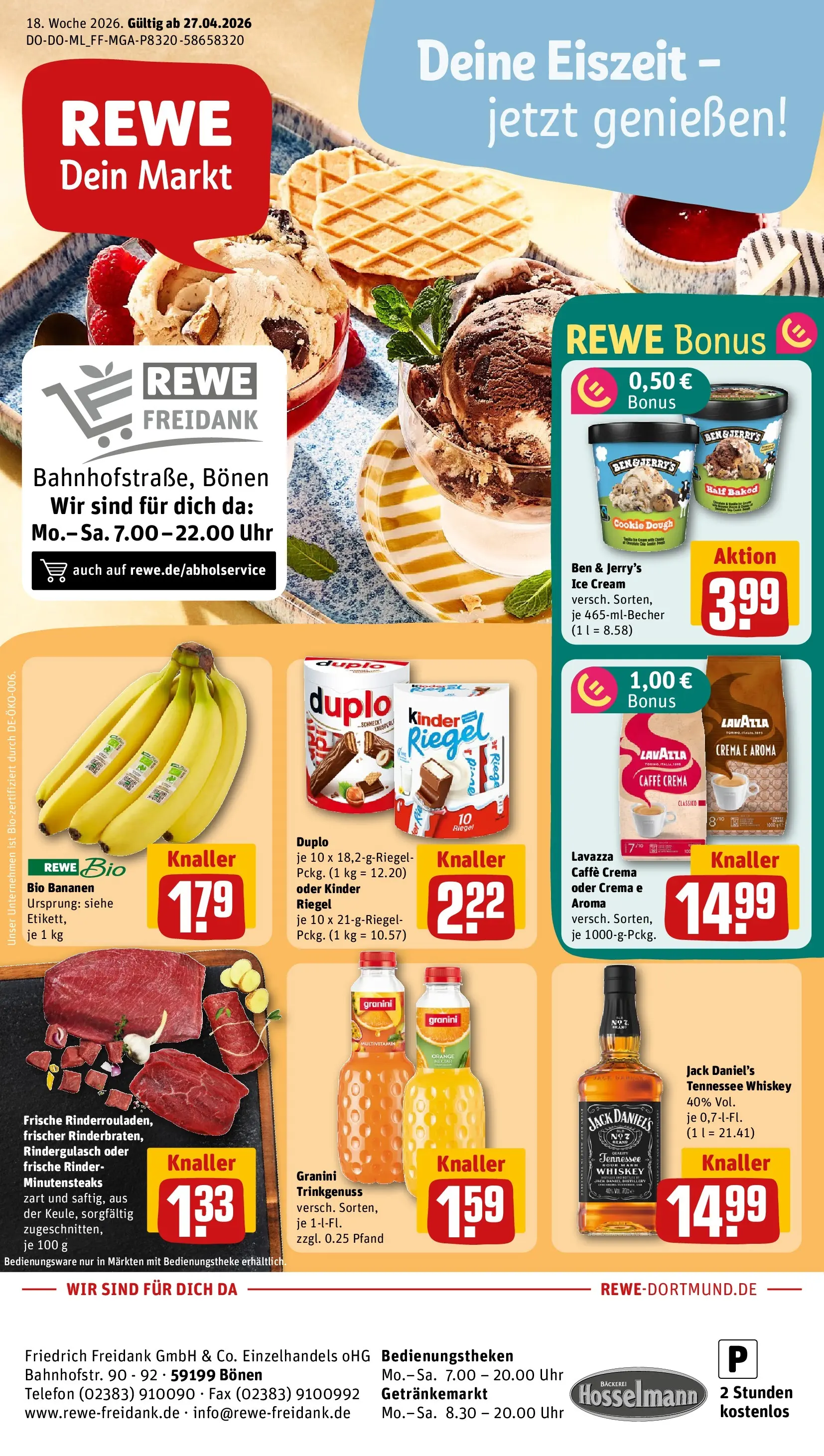 REWE Prospekt ab 27.04.2026 zum Blättern » Angebote | Seite: 1 | Produkte: Bäckerei, Jack Daniel's, Kinder riegel, Ben & Jerry's
