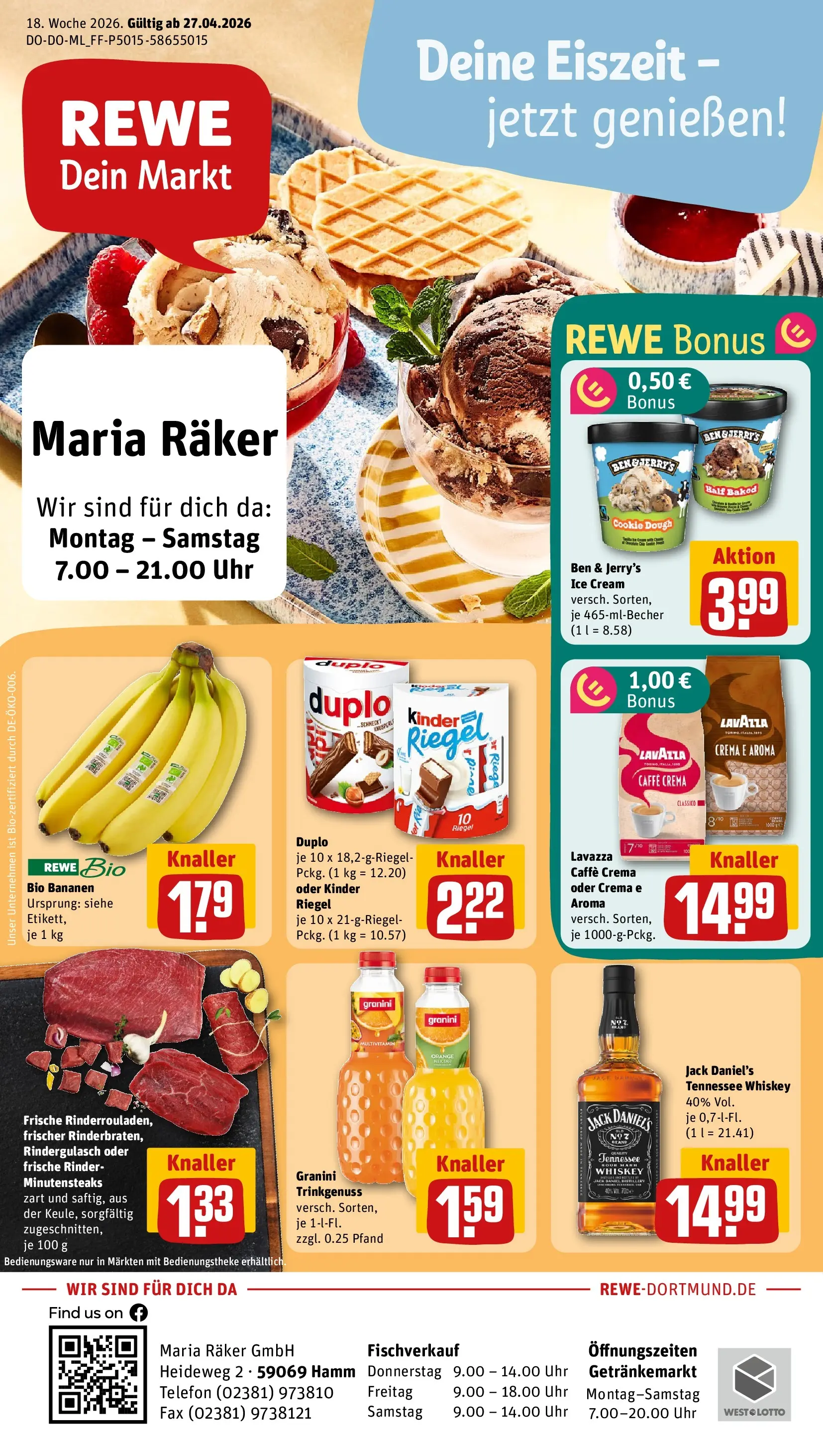 REWE Prospekt ab 27.04.2026 zum Blättern » Angebote | Seite: 1 | Produkte: Lavazza, Jack Daniel's, Kinder riegel, Ben & Jerry's