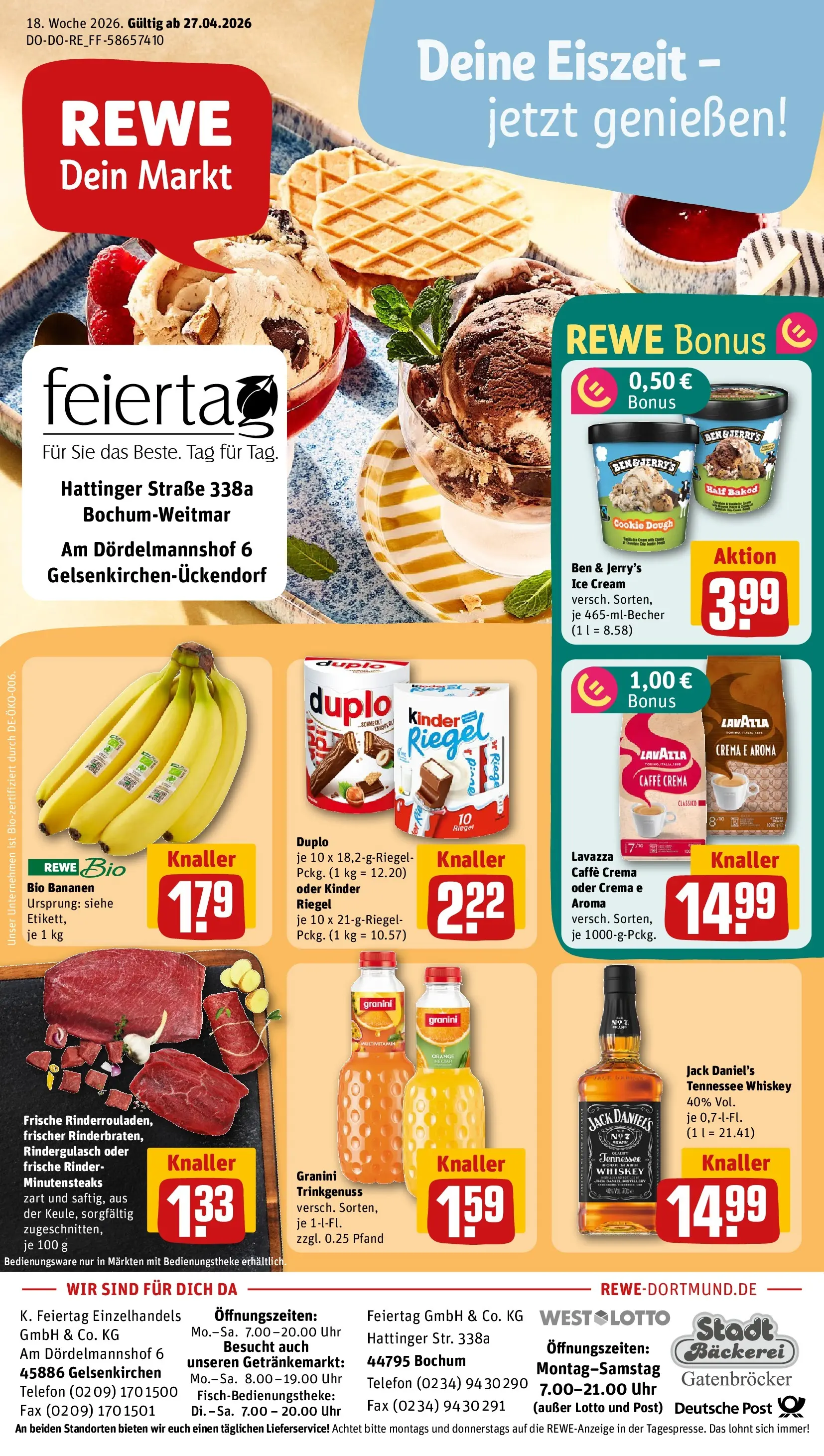 REWE Prospekt ab 27.04.2026 zum Blättern » Angebote | Seite: 1 | Produkte: Rindergulasch, Bäckerei, Jack Daniel's, Ben & Jerry's