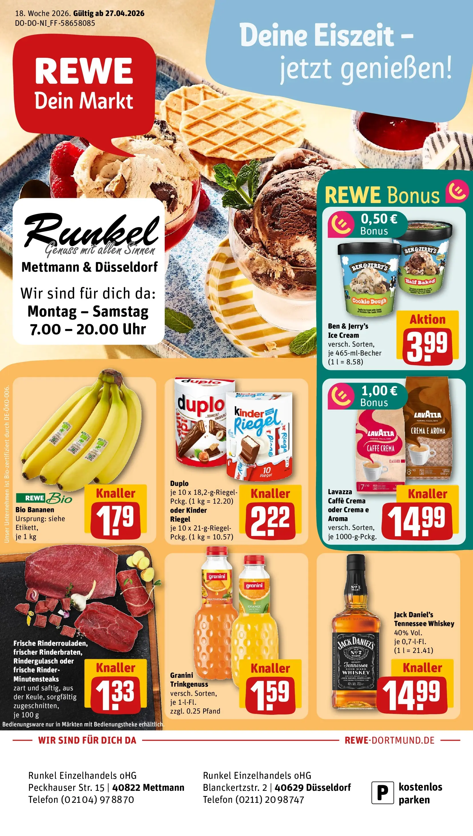 REWE Prospekt ab 27.04.2026 zum Blättern » Angebote | Seite: 1 | Produkte: Bananen, Ben & Jerry's, Whiskey, Uhr