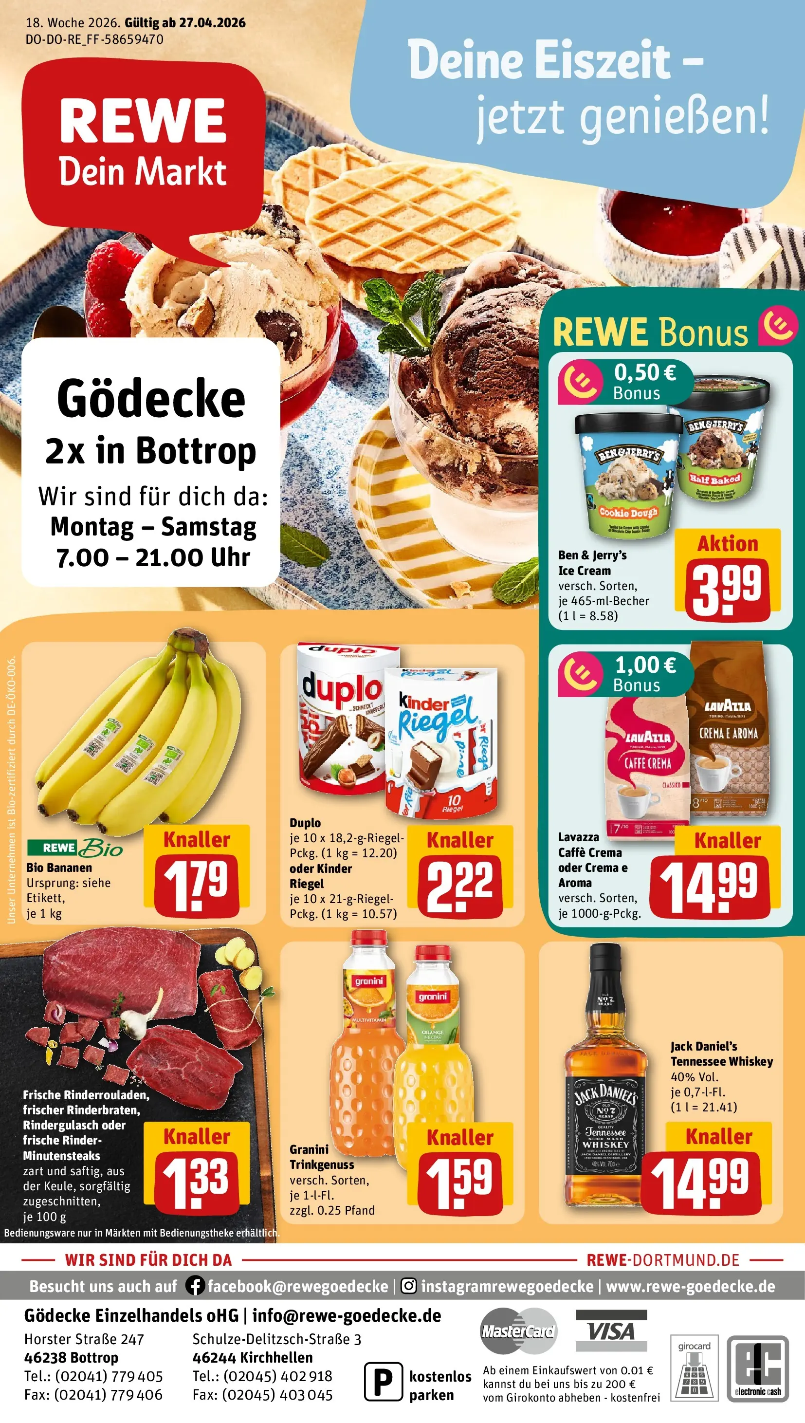 REWE Prospekt ab 27.04.2026 zum Blättern » Angebote | Seite: 1 | Produkte: Lavazza, Jack Daniel's, Kinder riegel, Granini