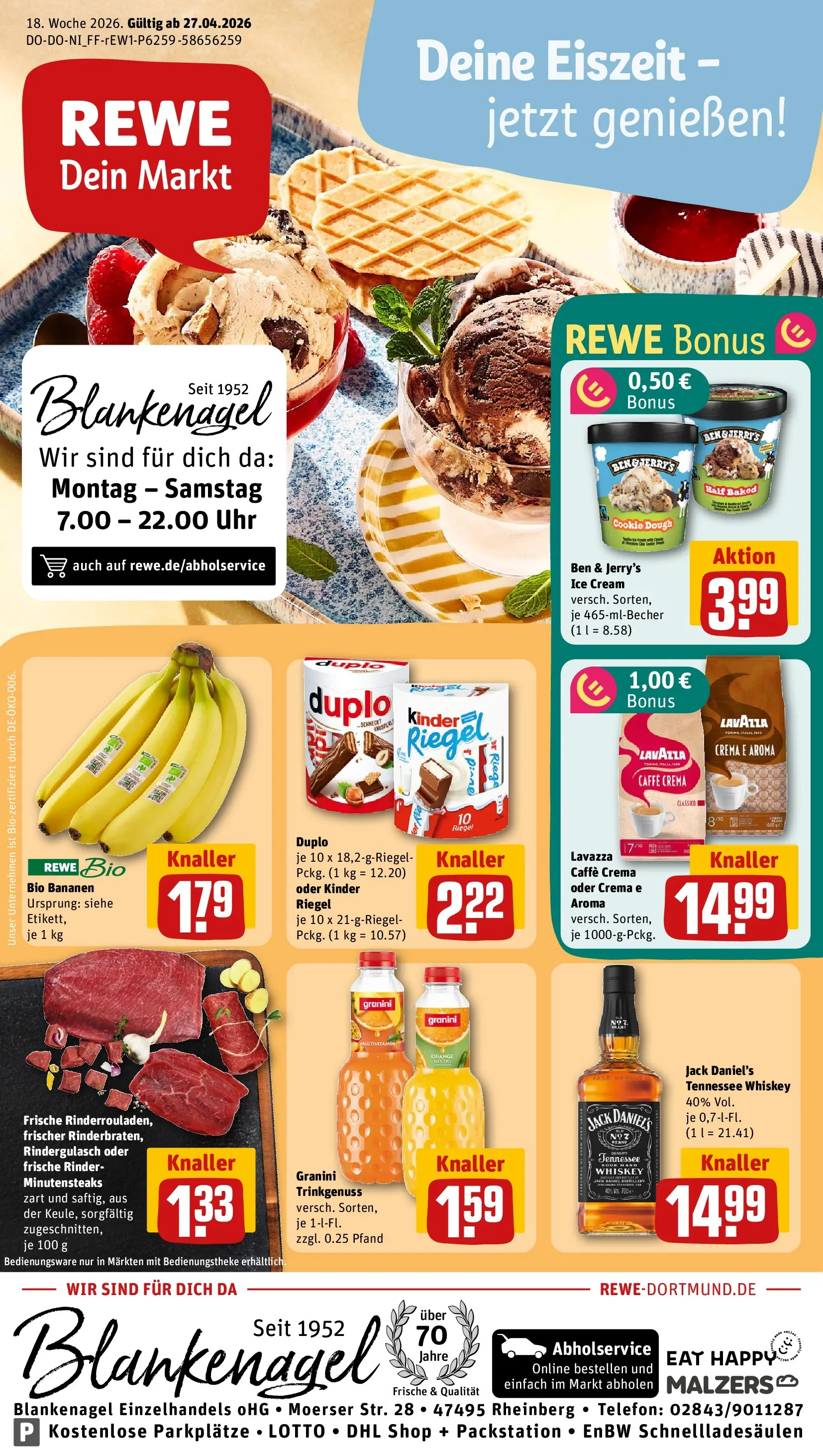 REWE Prospekt ab 27.04.2026 zum Blättern » Angebote | Seite: 3 | Produkte: Jack Daniel's, Kinder riegel, Ben & Jerry's, Whiskey
