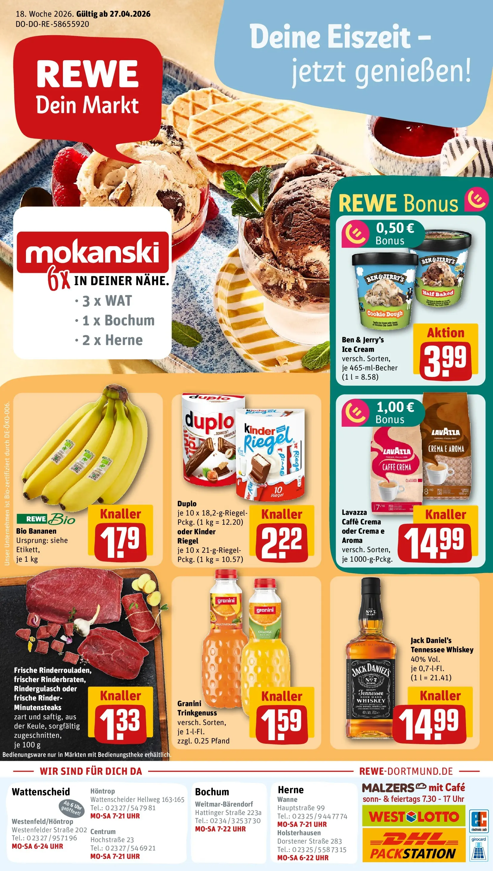 REWE Prospekt ab 27.04.2026 zum Blättern » Angebote | Seite: 1 | Produkte: Rindergulasch, Lavazza, Granini, Whiskey