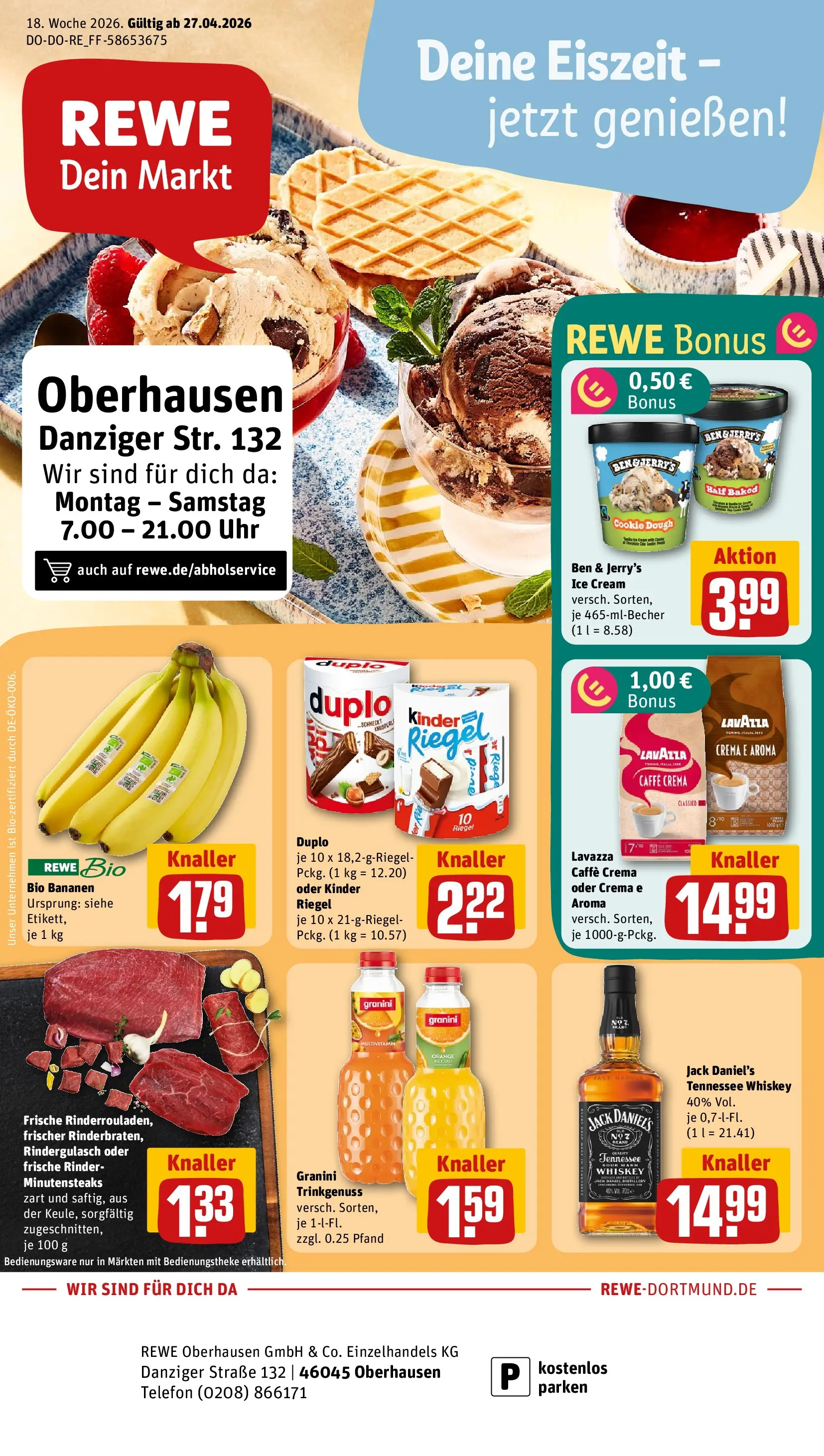 REWE Prospekt ab 27.04.2026 zum Blättern » Angebote | Seite: 1 | Produkte: Rindergulasch, Bananen, Kinder riegel, Granini