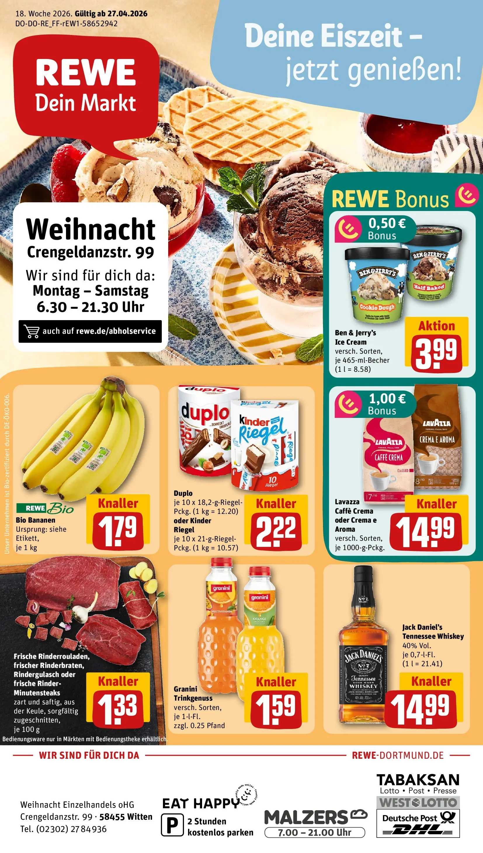 REWE Prospekt ab 27.04.2026 zum Blättern » Angebote | Seite: 1 | Produkte: Lavazza, Bananen, Granini, Uhr
