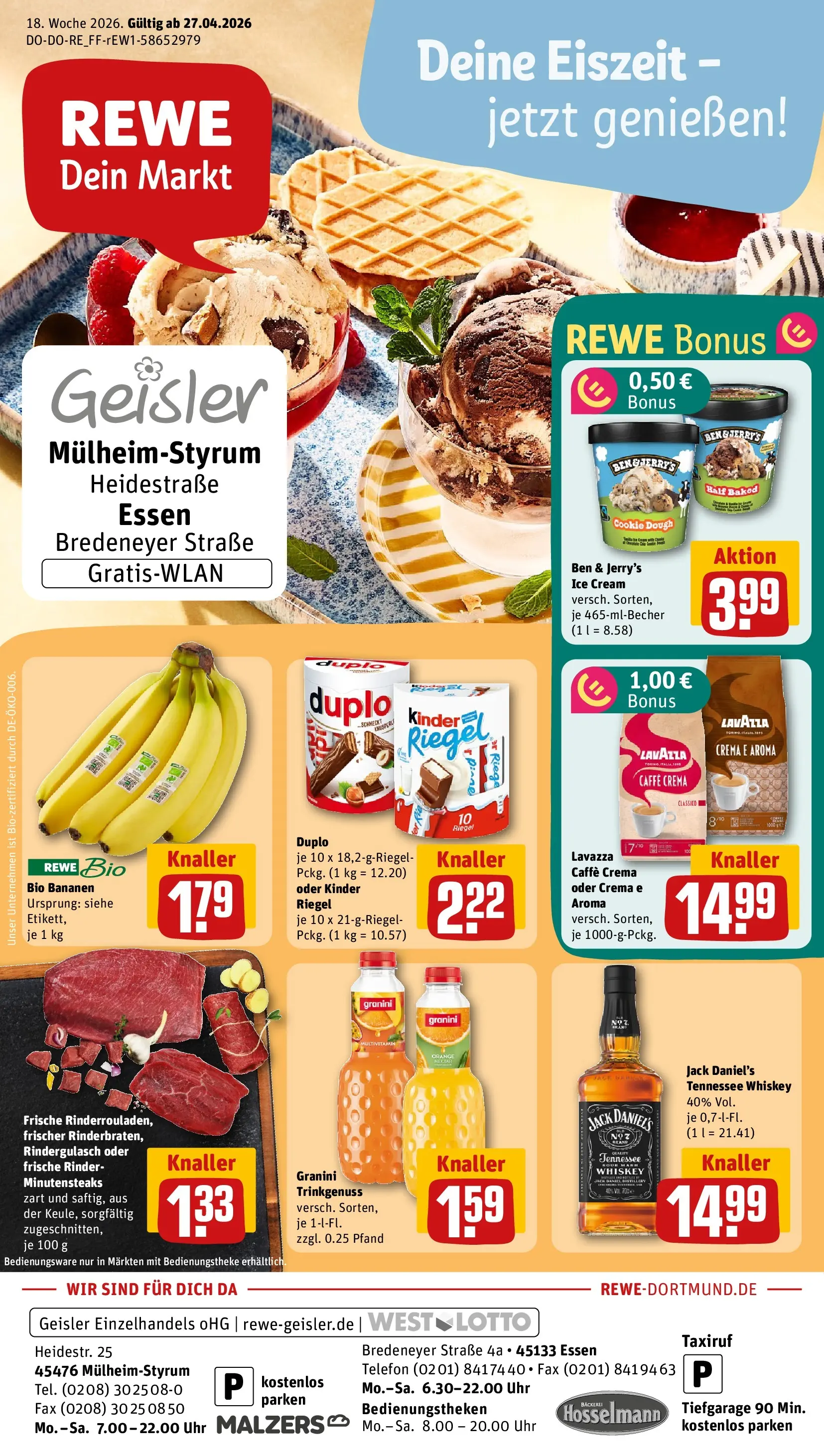 REWE Prospekt ab 27.04.2026 zum Blättern » Angebote | Seite: 1 | Produkte: Rindergulasch, Lavazza, Bäckerei, Telefon