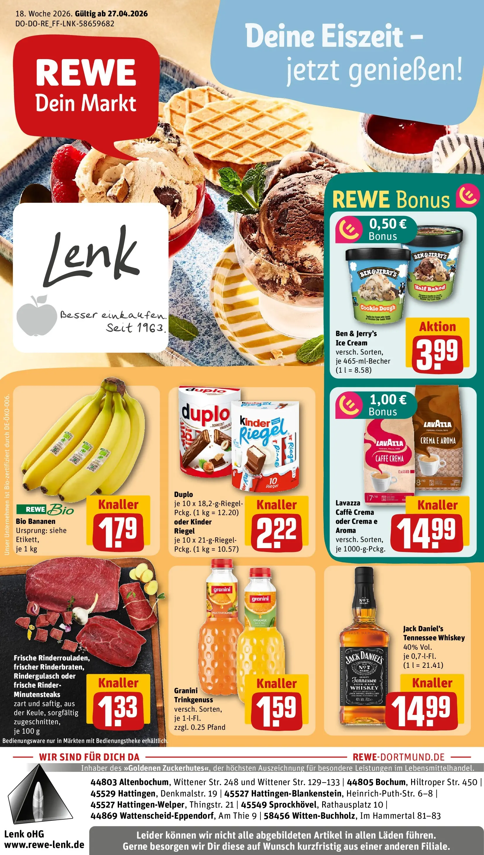 REWE Prospekt ab 27.04.2026 zum Blättern » Angebote | Seite: 1 | Produkte: Rindergulasch, Jack Daniel's, Ben & Jerry's, Granini