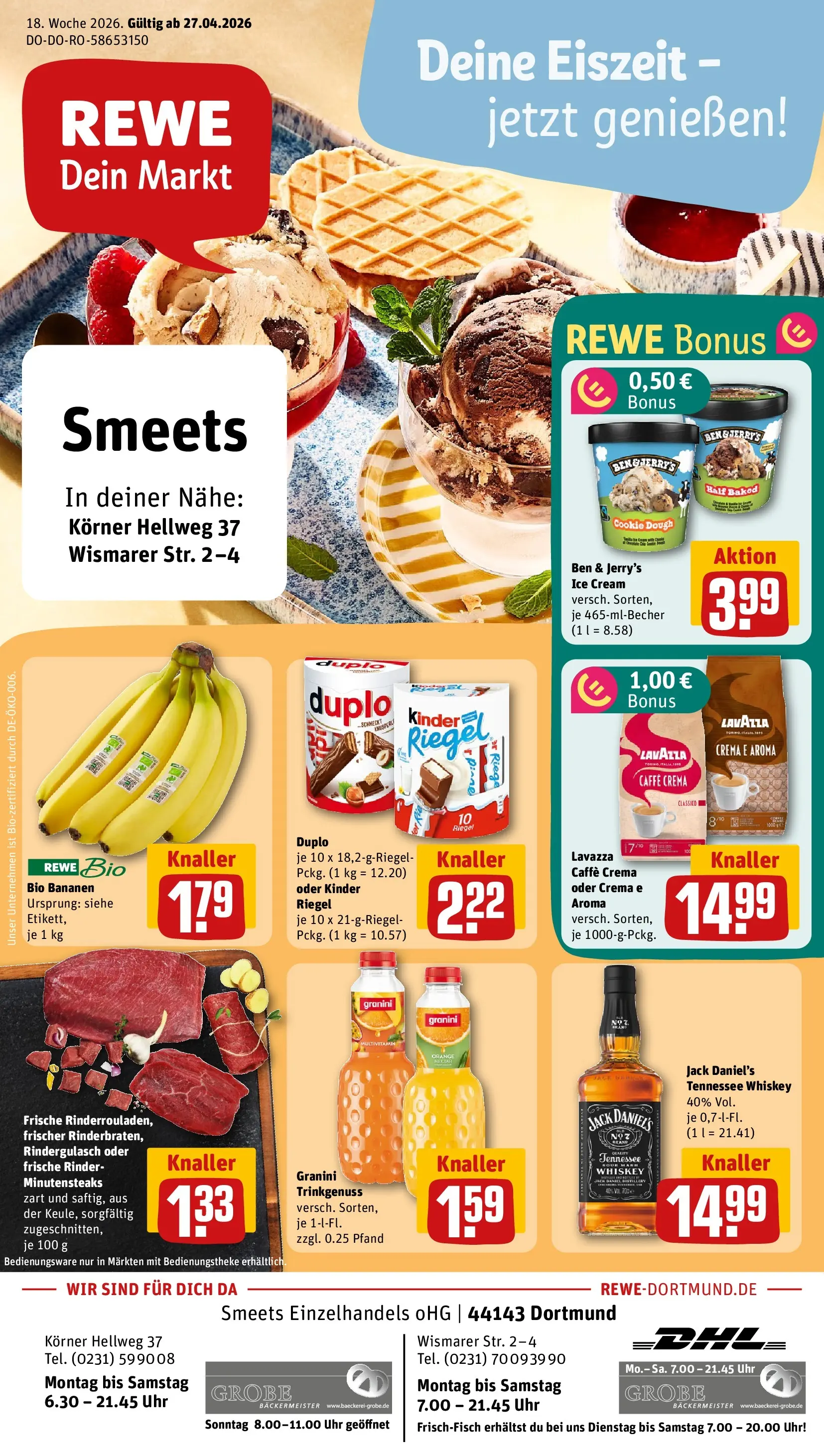 REWE Prospekt ab 27.04.2026 zum Blättern » Angebote | Seite: 1 | Produkte: Rindergulasch, Lavazza, Kinder riegel, Granini