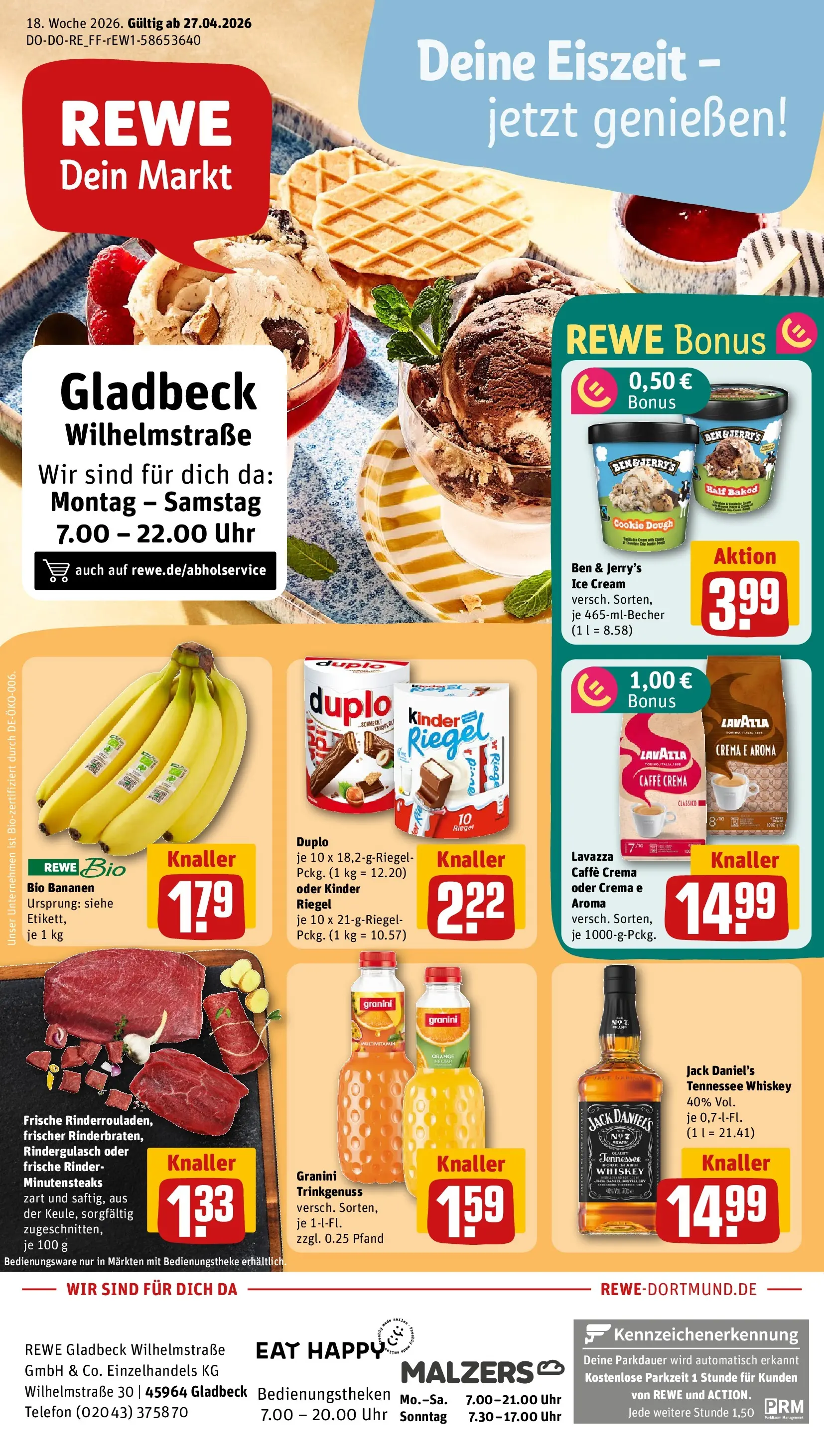 REWE Prospekt ab 27.04.2026 zum Blättern » Angebote | Seite: 1 | Produkte: Jack Daniel's, Kinder riegel, Telefon, Uhr