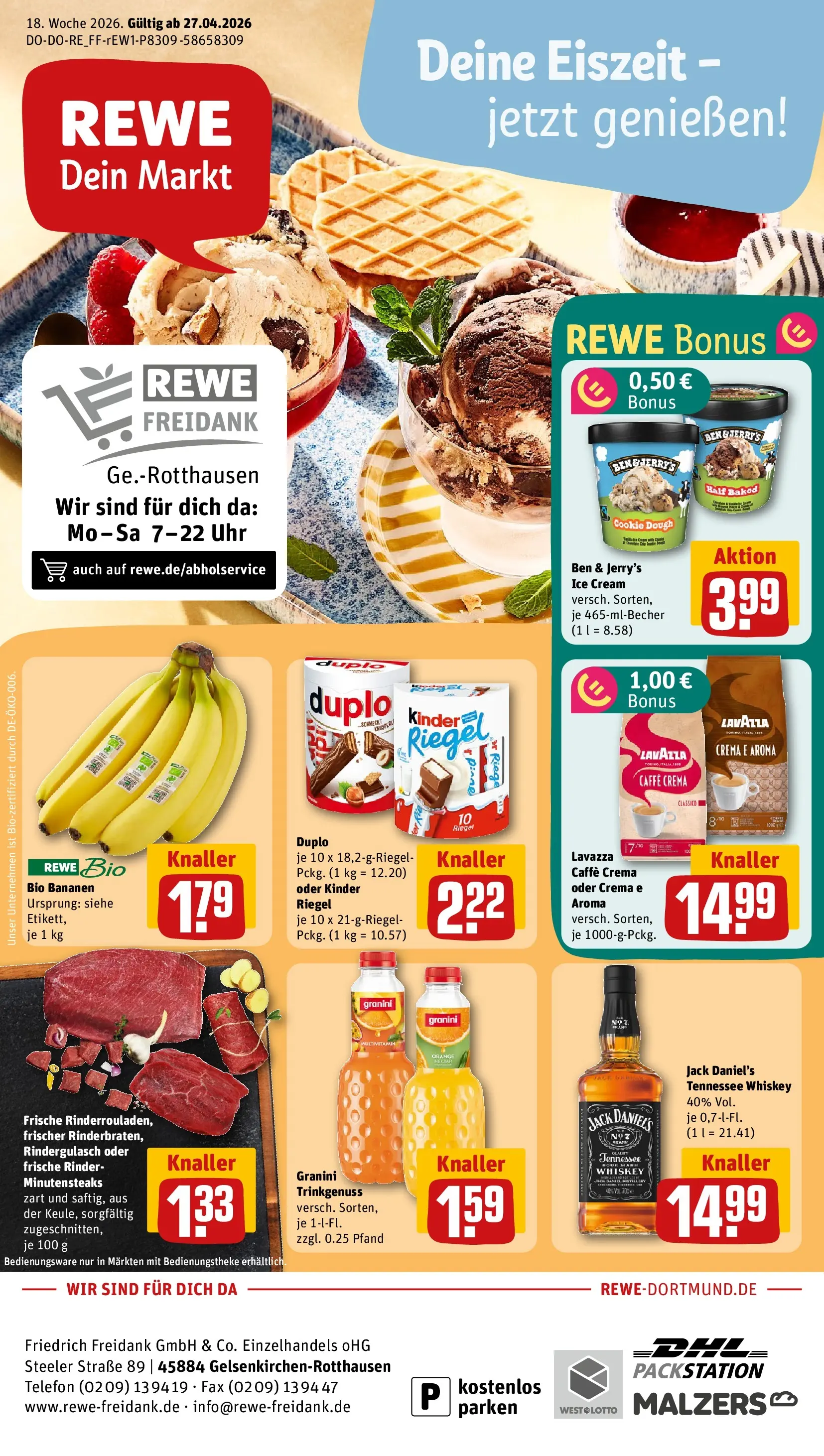 REWE Prospekt ab 27.04.2026 zum Blättern » Angebote | Seite: 1 | Produkte: Rindergulasch, Kinder riegel, Ben & Jerry's, Whiskey