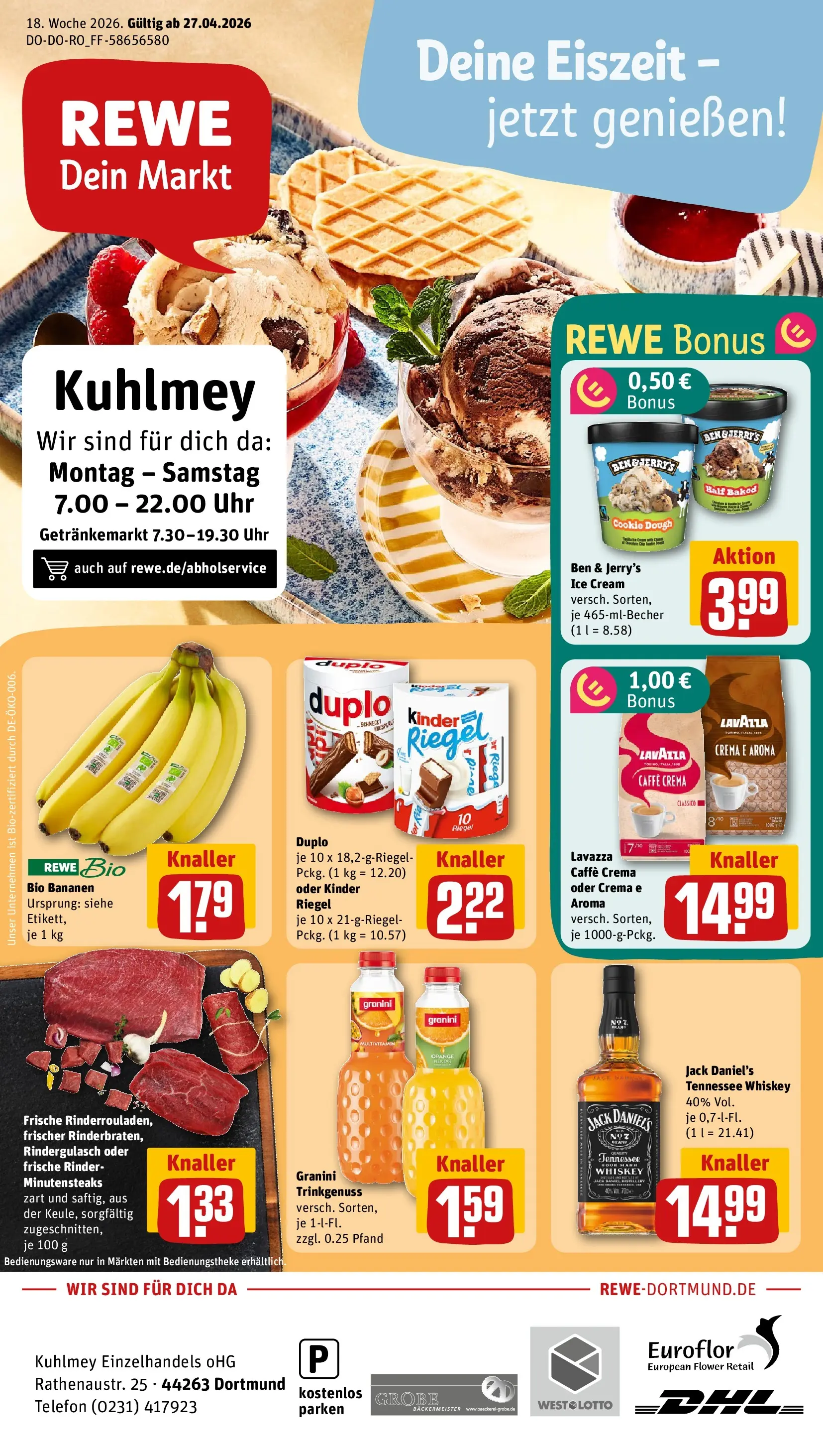 REWE Prospekt ab 27.04.2026 zum Blättern » Angebote | Seite: 1 | Produkte: Rindergulasch, Kinder riegel, Granini, Whiskey