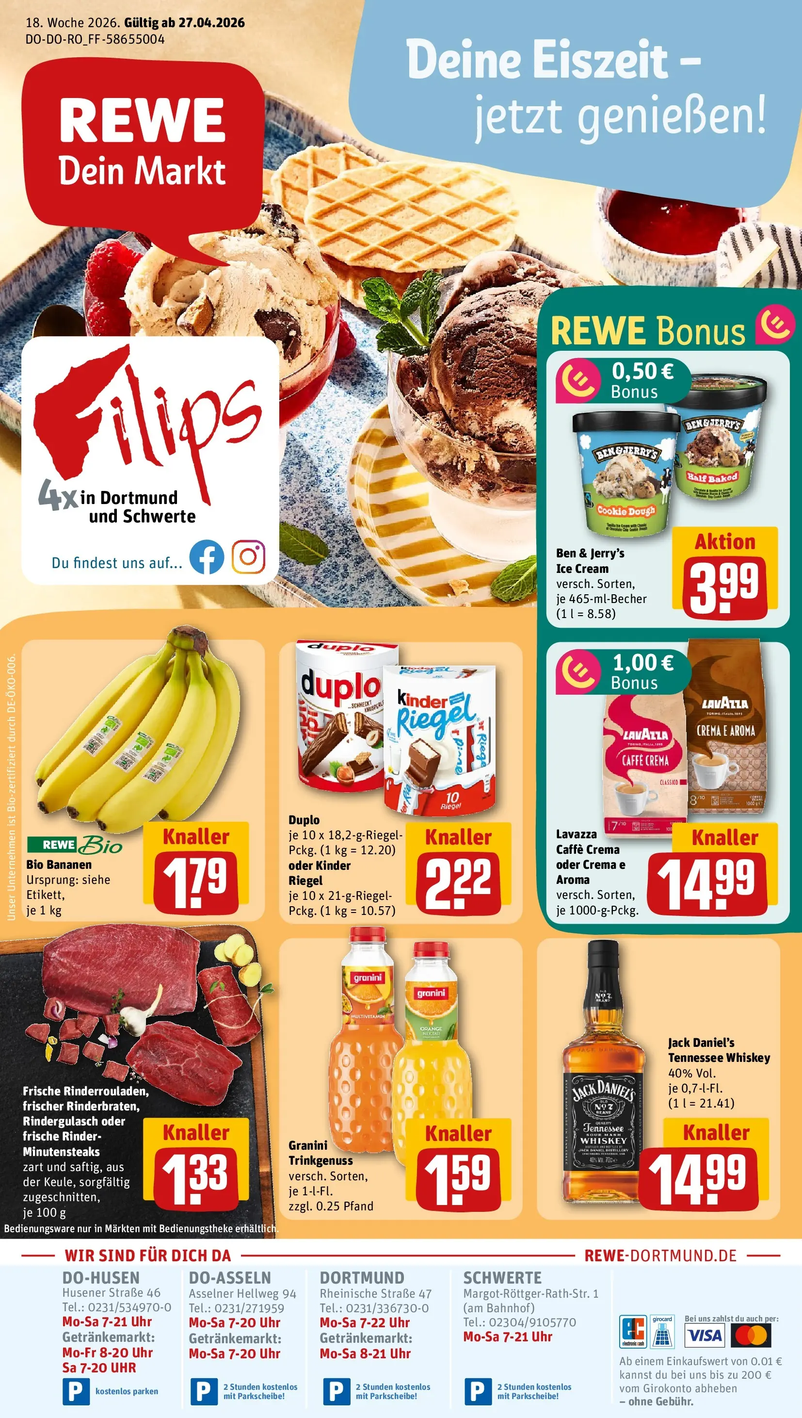 REWE Prospekt ab 27.04.2026 zum Blättern » Angebote | Seite: 1 | Produkte: Rindergulasch, Bananen, Kinder riegel, Granini