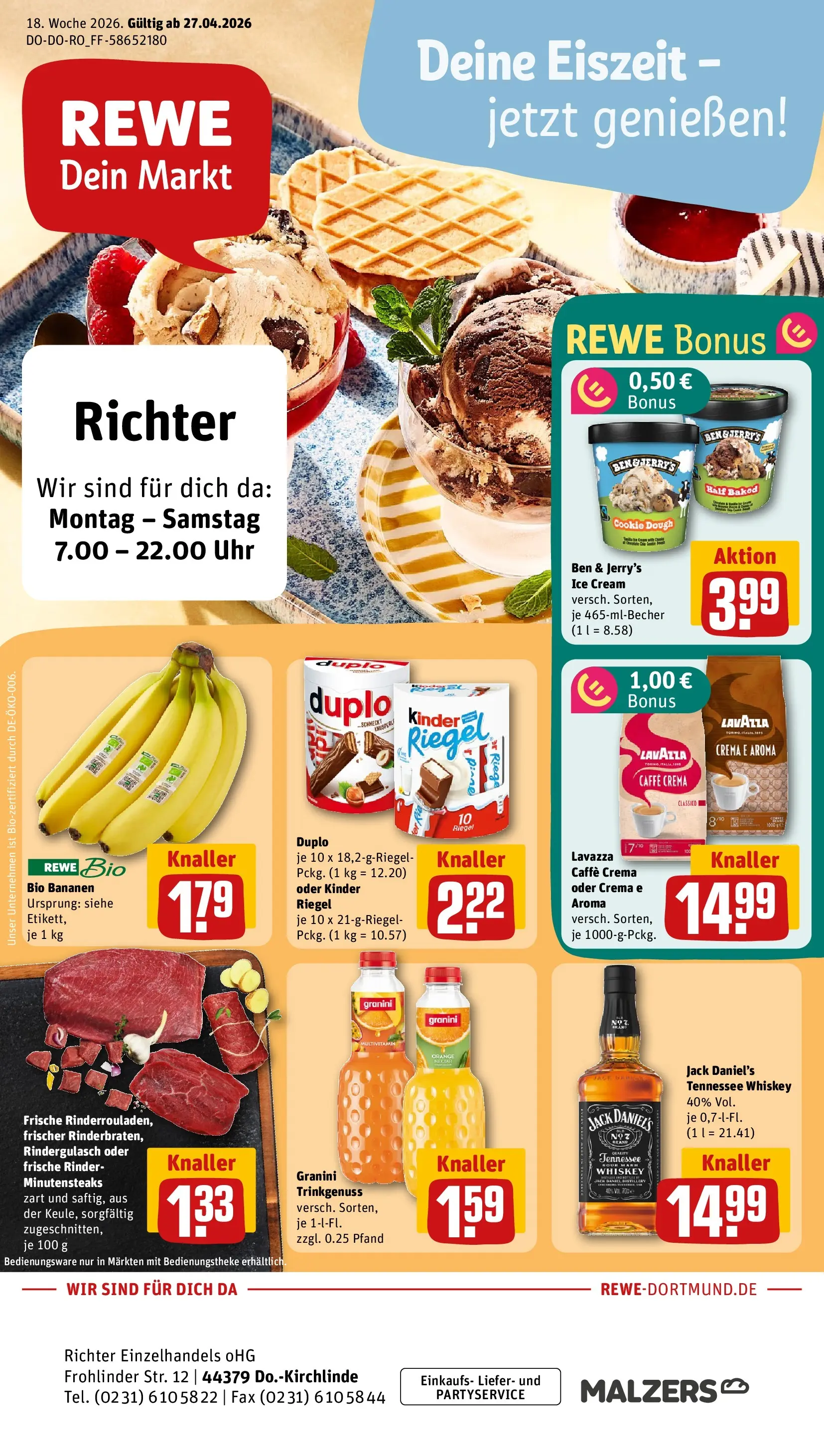 REWE Prospekt ab 27.04.2026 zum Blättern » Angebote | Seite: 1 | Produkte: Bananen, Kinder riegel, Ben & Jerry's, Whiskey