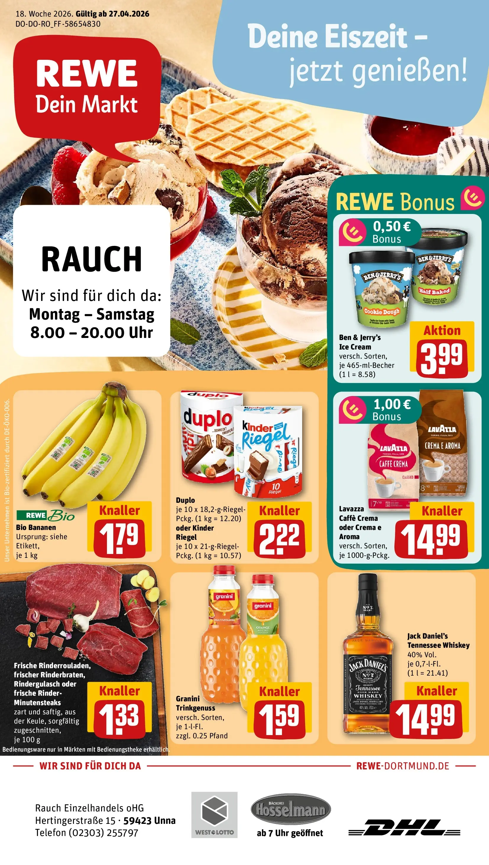 REWE Prospekt ab 27.04.2026 zum Blättern » Angebote | Seite: 1 | Produkte: Bäckerei, Kinder riegel, Ben & Jerry's, Uhr