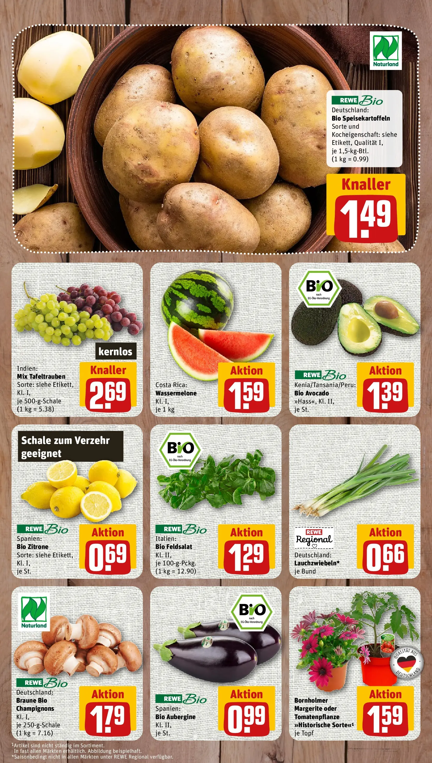 REWE Prospekt ab 27.04.2026 zum Blättern » Angebote | Seite: 3 | Produkte: Champignons, Zitrone, Aubergine, Wassermelone