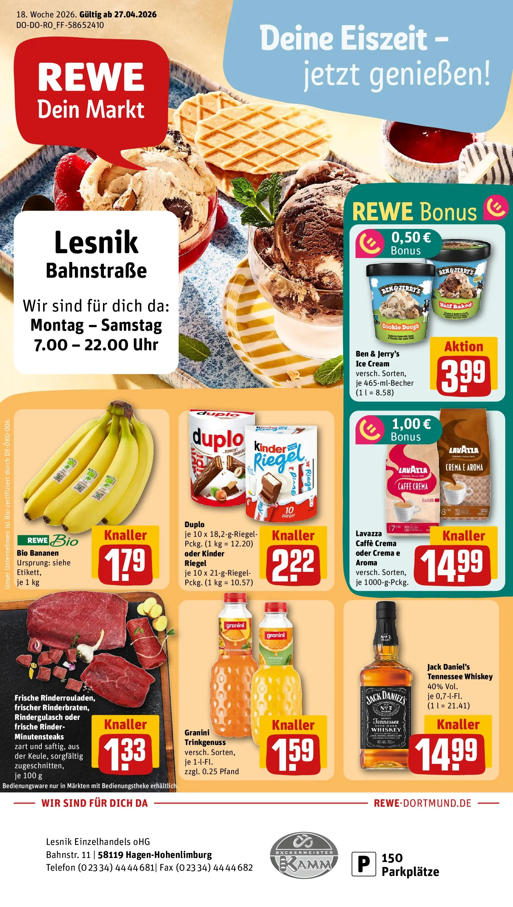 REWE Prospekt ab 27.04.2026 zum Blättern » Angebote | Seite: 1 | Produkte: Lavazza, Bananen, Ben & Jerry's, Uhr