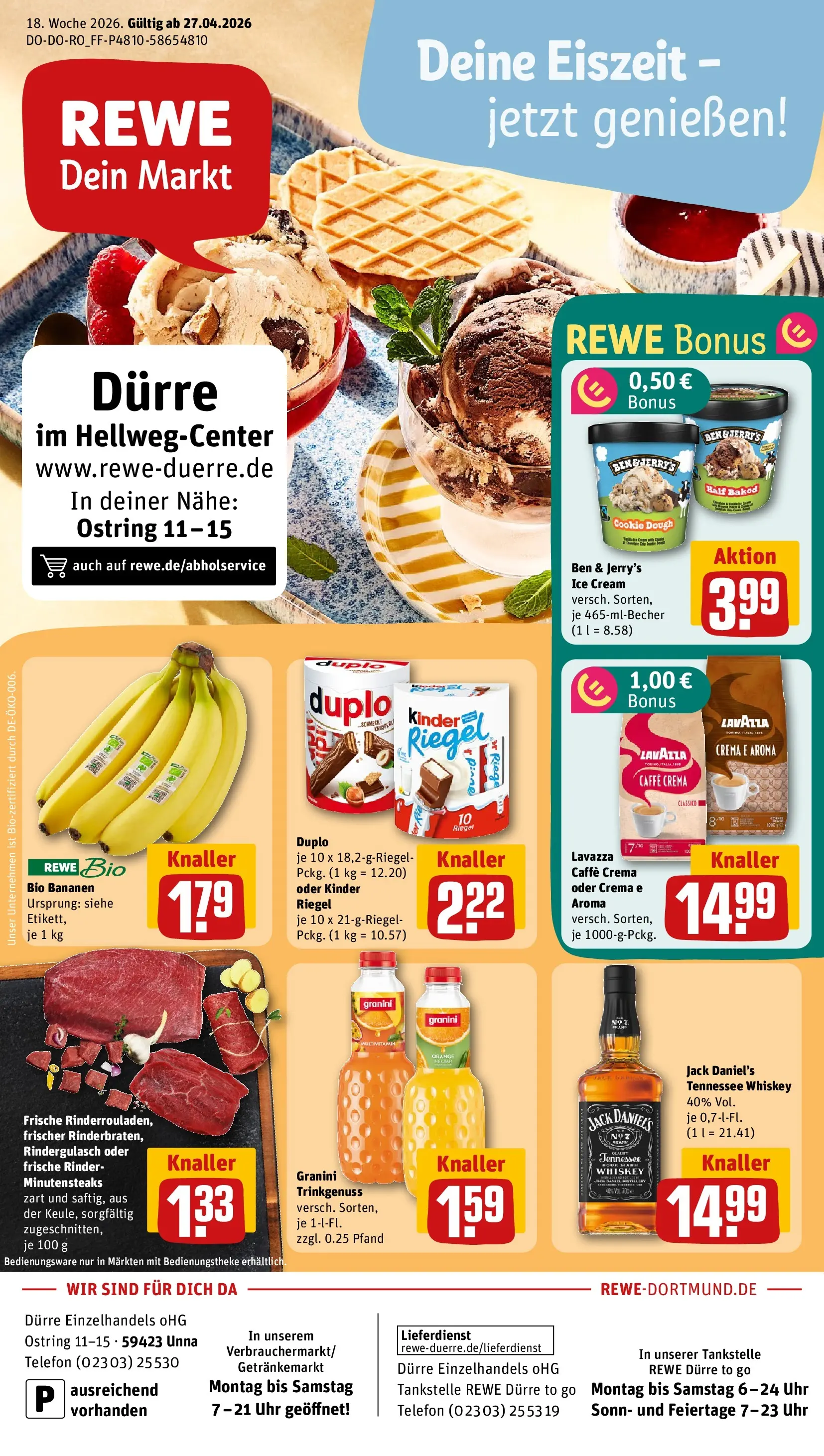 REWE Prospekt ab 27.04.2026 zum Blättern » Angebote | Seite: 1 | Produkte: Rindergulasch, Lavazza, Granini, Telefon