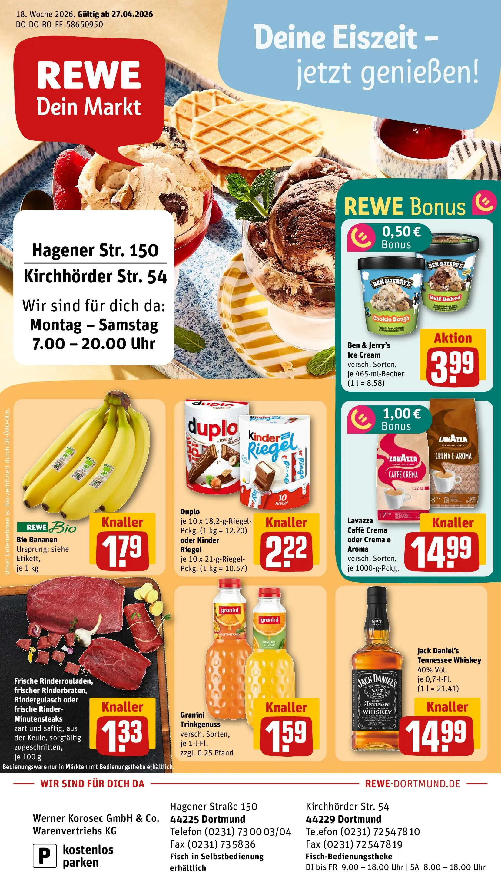 REWE Prospekt ab 27.04.2026 zum Blättern » Angebote | Seite: 1 | Produkte: Ben & Jerry's, Granini, Whiskey, Telefon