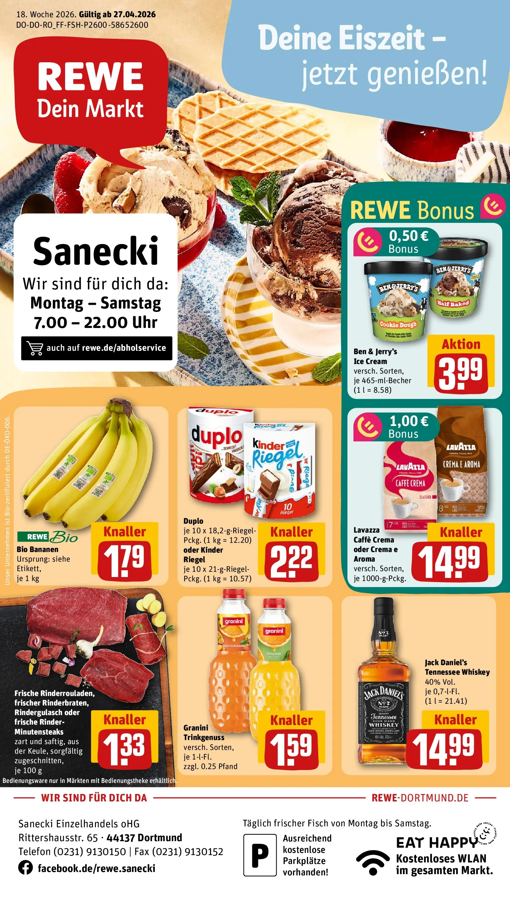 REWE Prospekt ab 27.04.2026 zum Blättern » Angebote | Seite: 1 | Produkte: Rindergulasch, Lavazza, Jack Daniel's, Whiskey