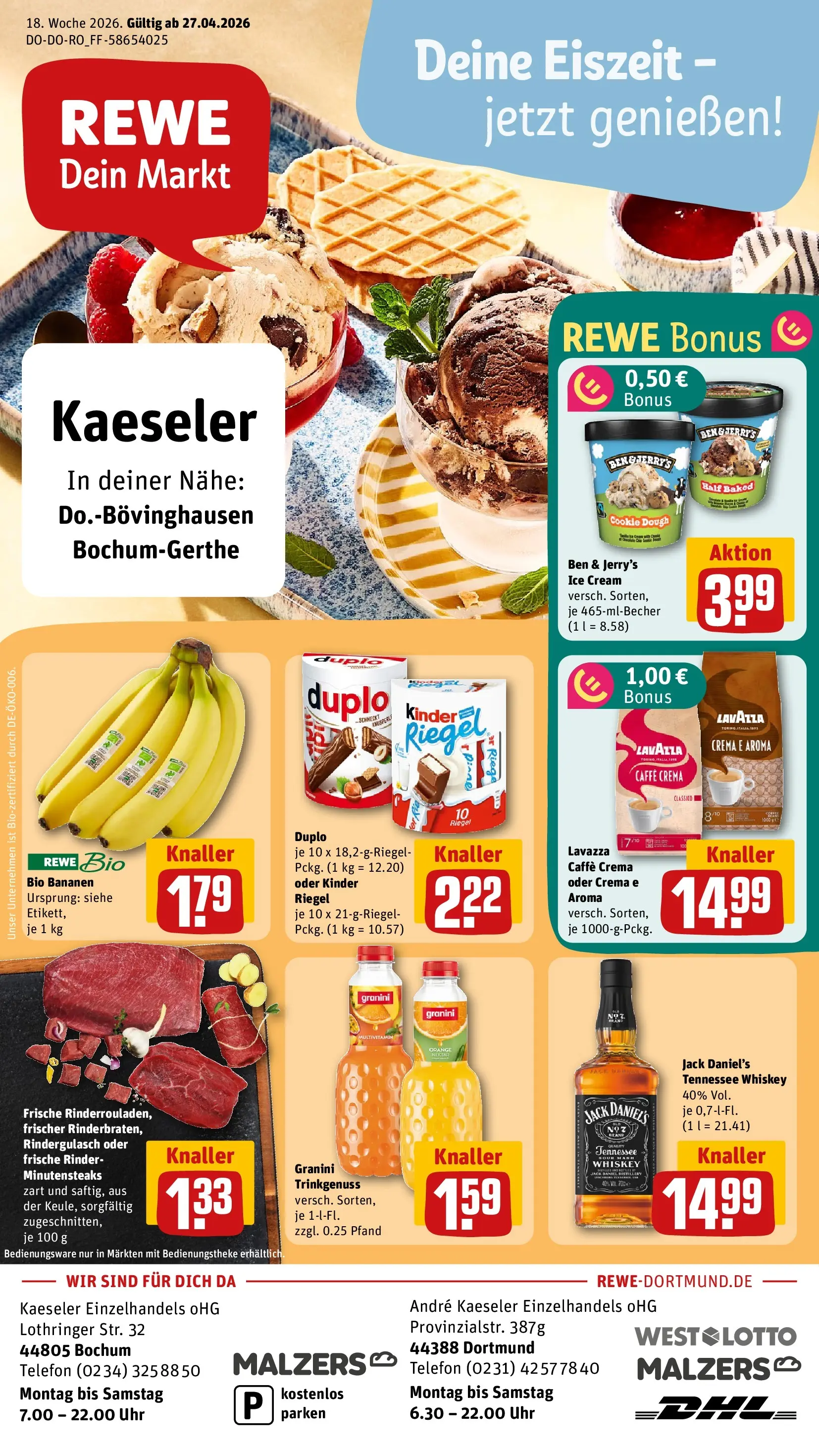 REWE Prospekt ab 27.04.2026 zum Blättern » Angebote | Seite: 1 | Produkte: Lavazza, Bananen, Telefon, Uhr