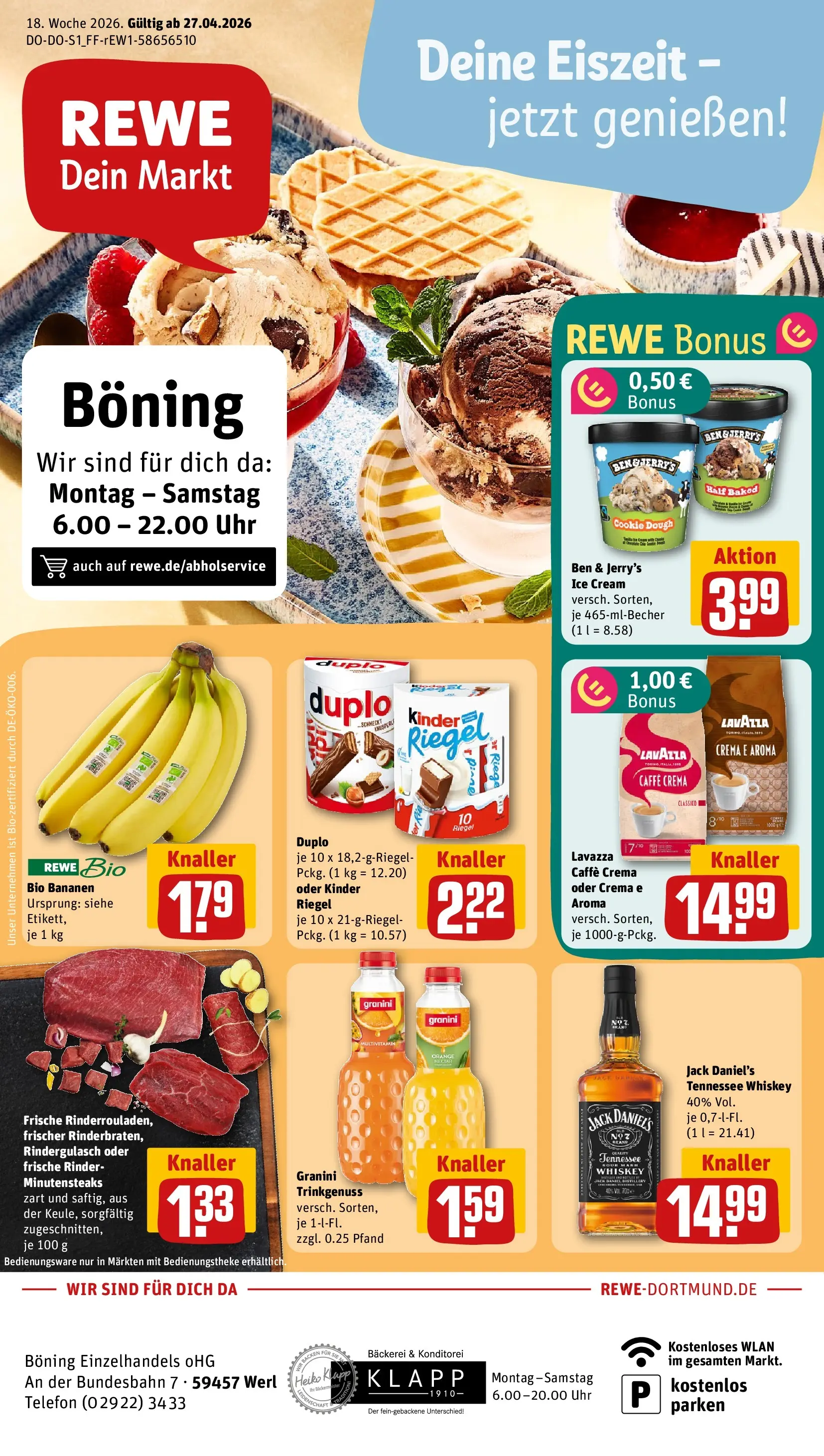 REWE Prospekt ab 27.04.2026 zum Blättern » Angebote | Seite: 1 | Produkte: Jack Daniel's, Ben & Jerry's, Whiskey, Uhr