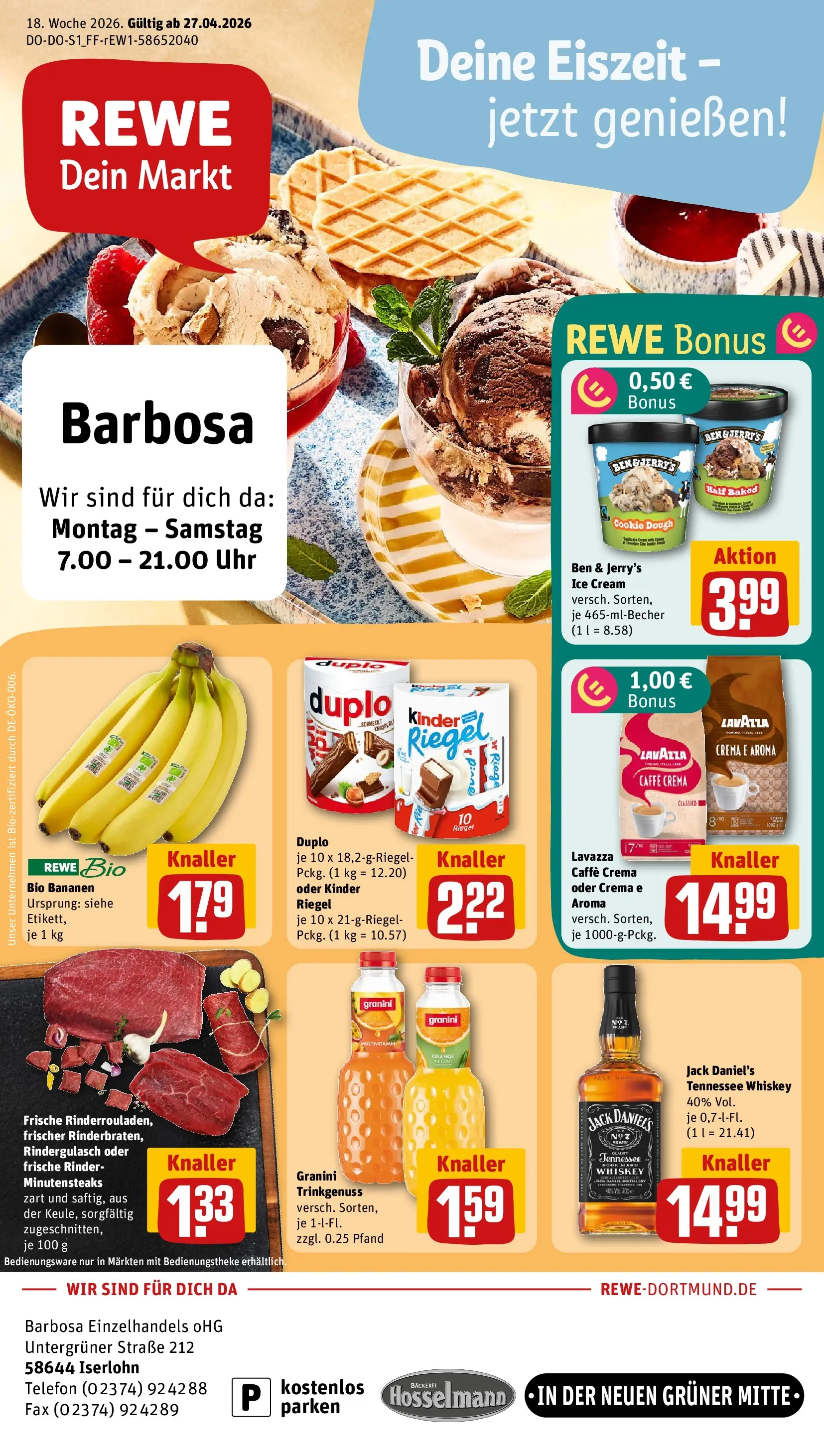 REWE Prospekt ab 27.04.2026 zum Blättern » Angebote | Seite: 1 | Produkte: Rindergulasch, Lavazza, Granini, Whiskey