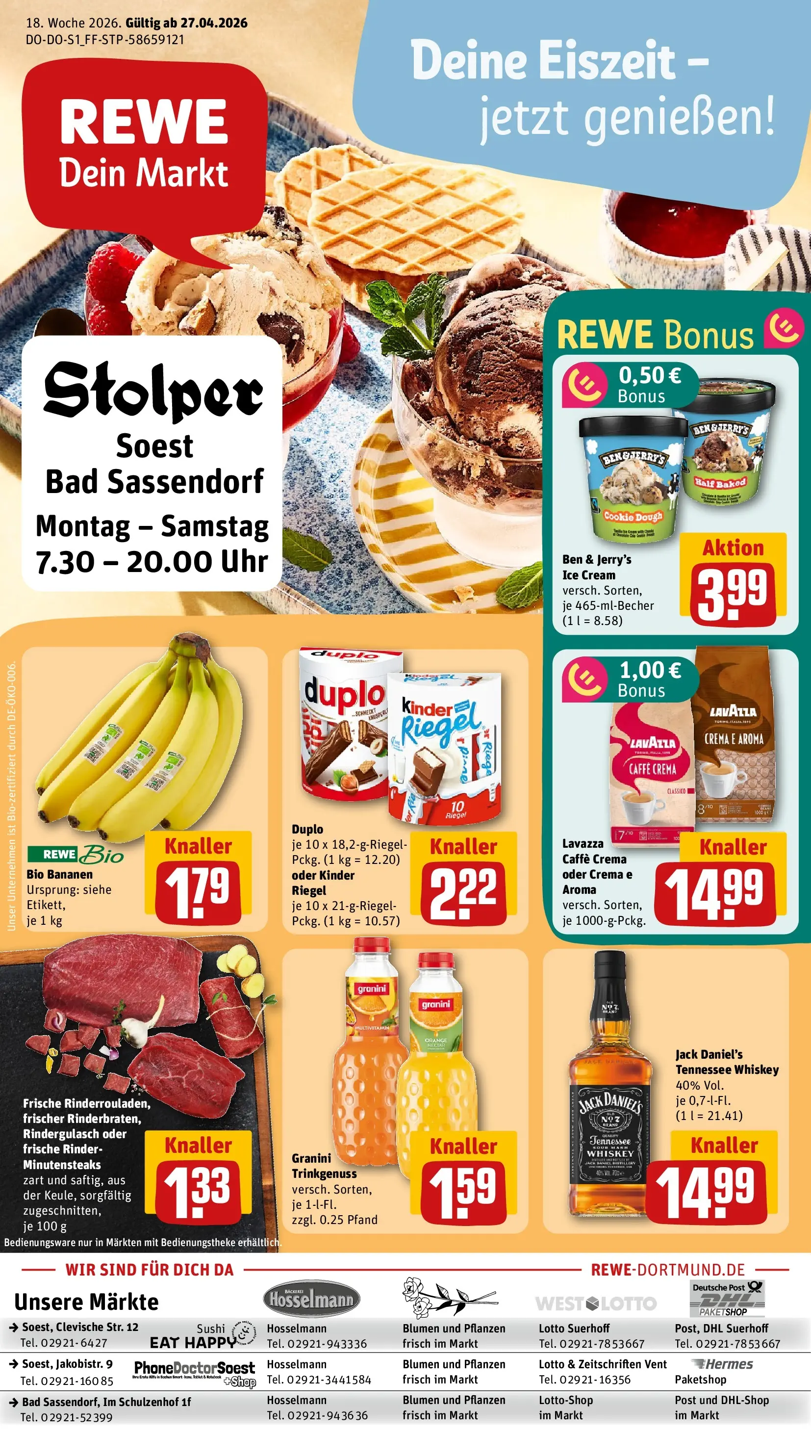 REWE Prospekt ab 27.04.2026 zum Blättern » Angebote | Seite: 1 | Produkte: Bad, Blumen, Whiskey, Uhr