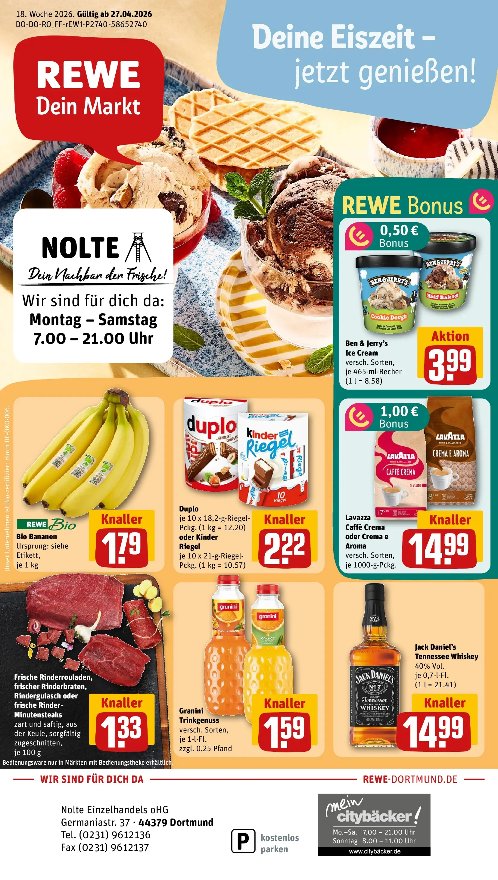 REWE Prospekt ab 27.04.2026 zum Blättern » Angebote | Seite: 1 | Produkte: Lavazza, Jack Daniel's, Ben & Jerry's, Whiskey