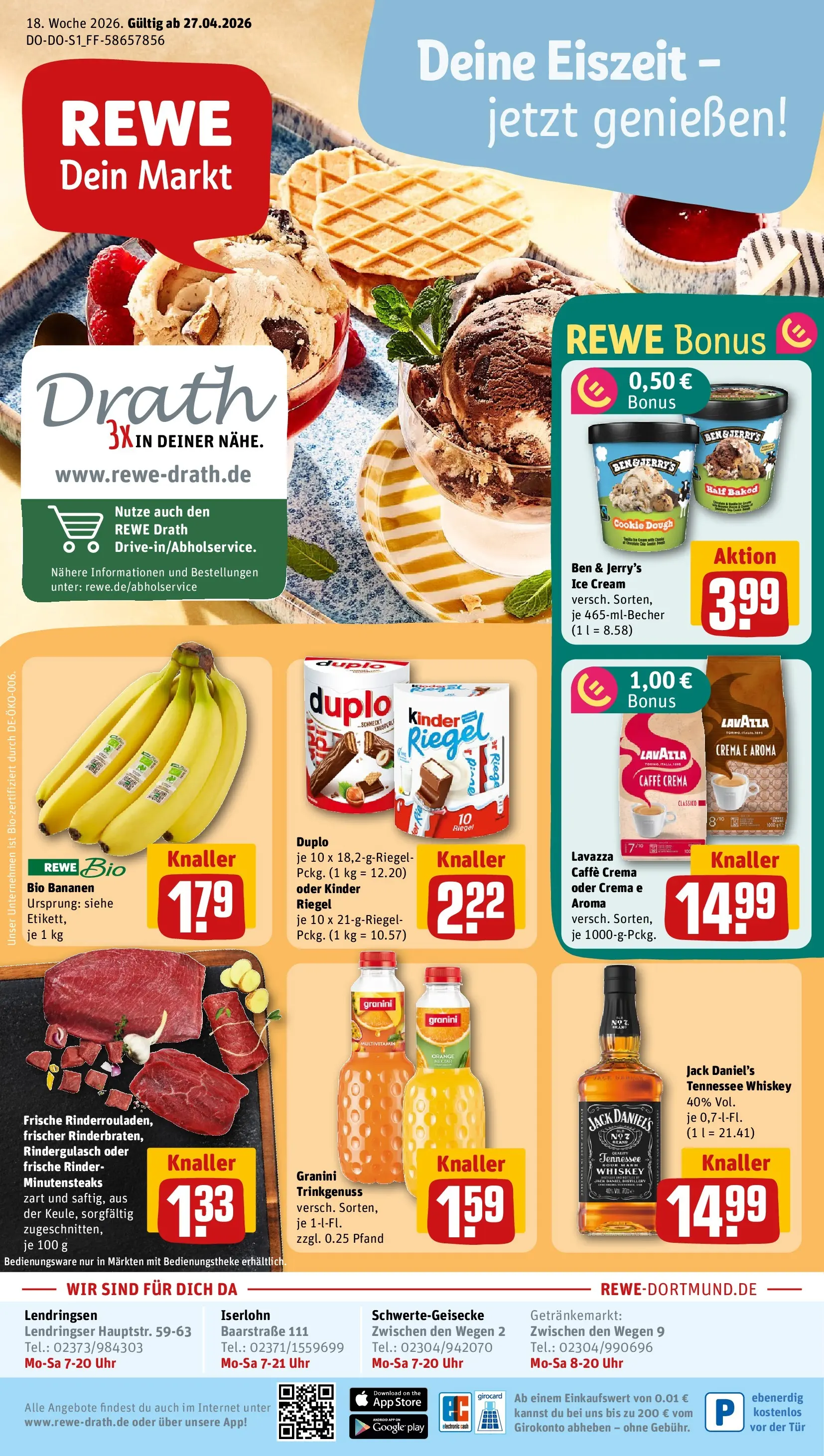 REWE Prospekt ab 27.04.2026 zum Blättern » Angebote | Seite: 1 | Produkte: Rindergulasch, Tür, Bananen, Ben & Jerry's