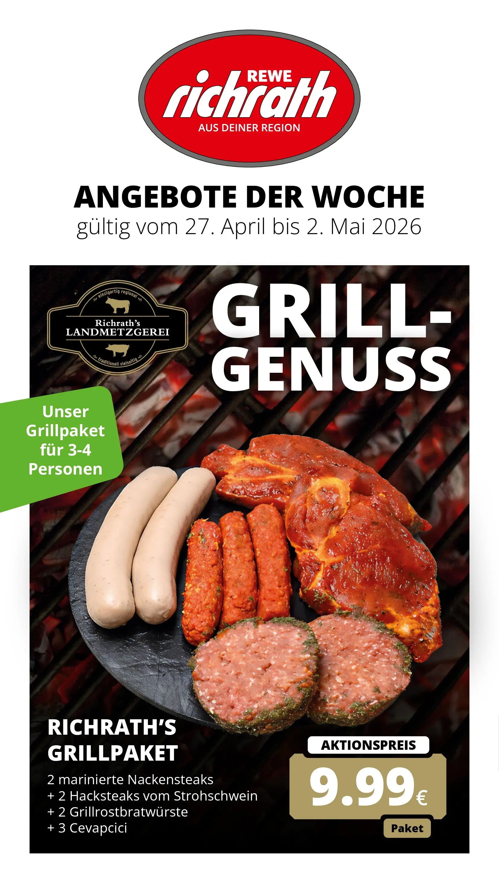 REWE Prospekt ab 27.04.2026 zum Blättern » Angebote | Seite: 1 | Produkte: Nackensteaks, Grill, Cevapcici