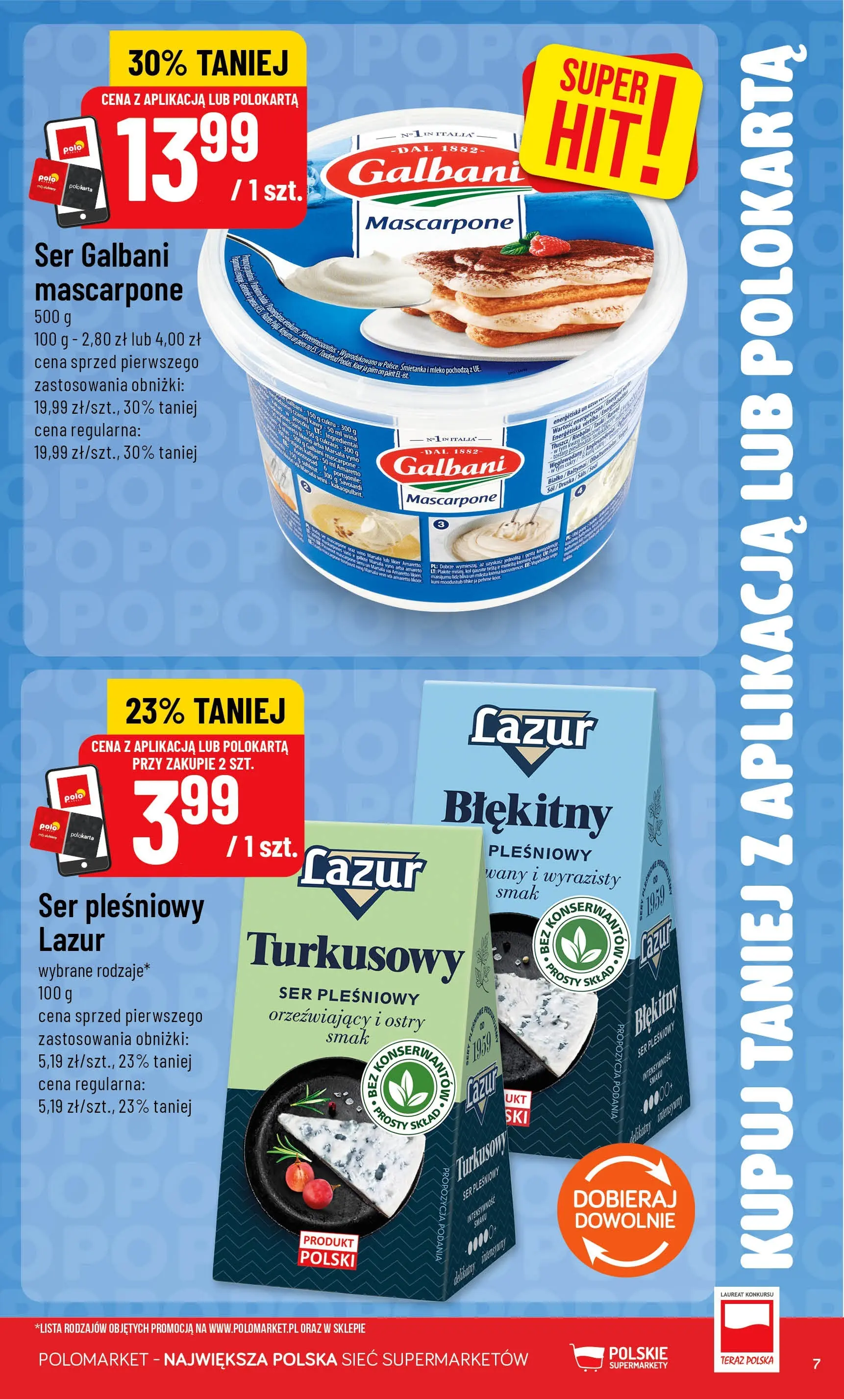 Nowa POLOmarket gazetka od jutra 22.04.2026 | Strona: 7 | Produkty: Ser pleśniowy, Mascarpone, Ser, Amaretto