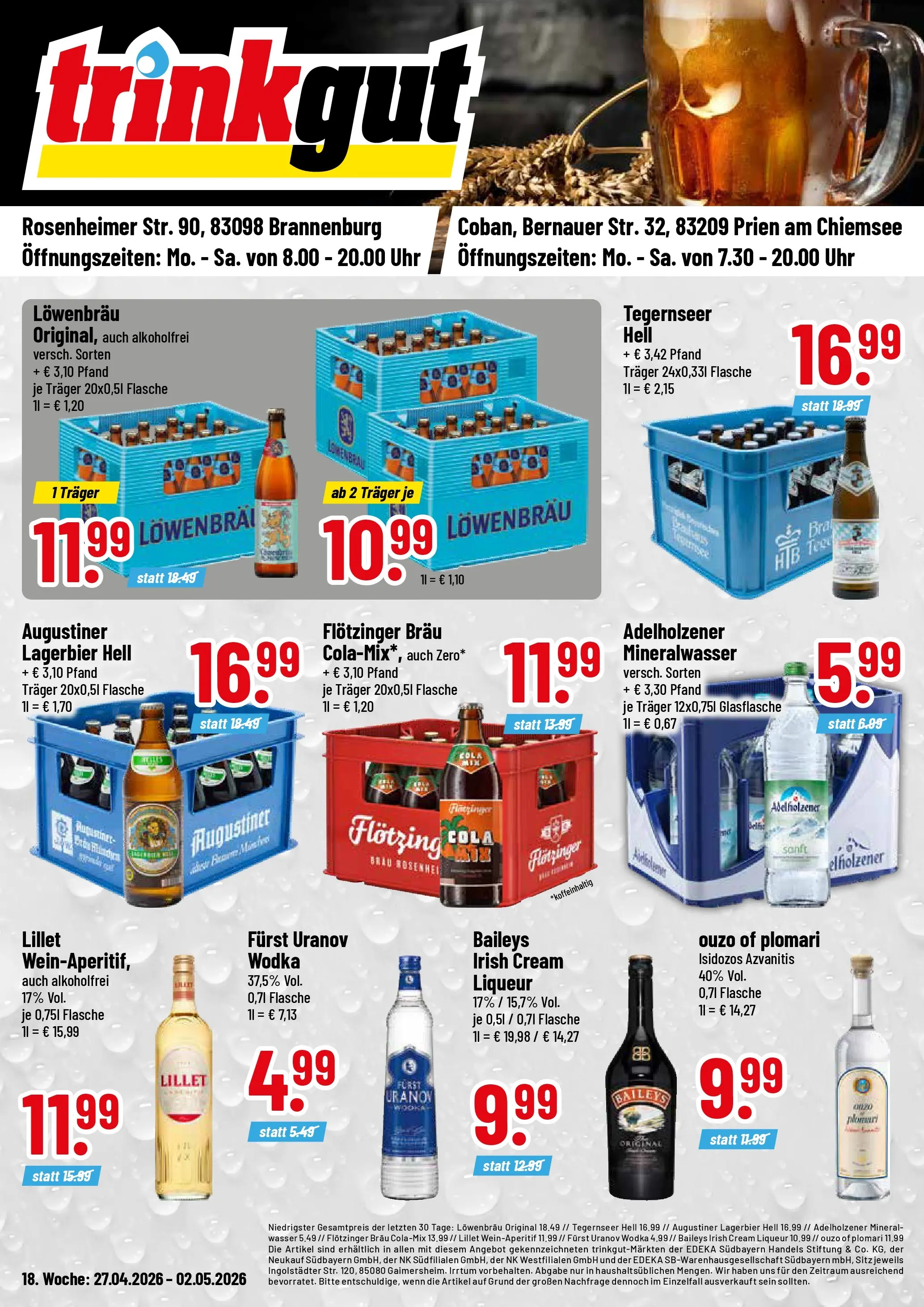 Trinkgut Prospekt Prien Am Chiemsee	 (ab 27.04.2026) » Angebote online | Seite: 1 | Produkte: Ouzo, Cola, Adelholzener, Lillet
