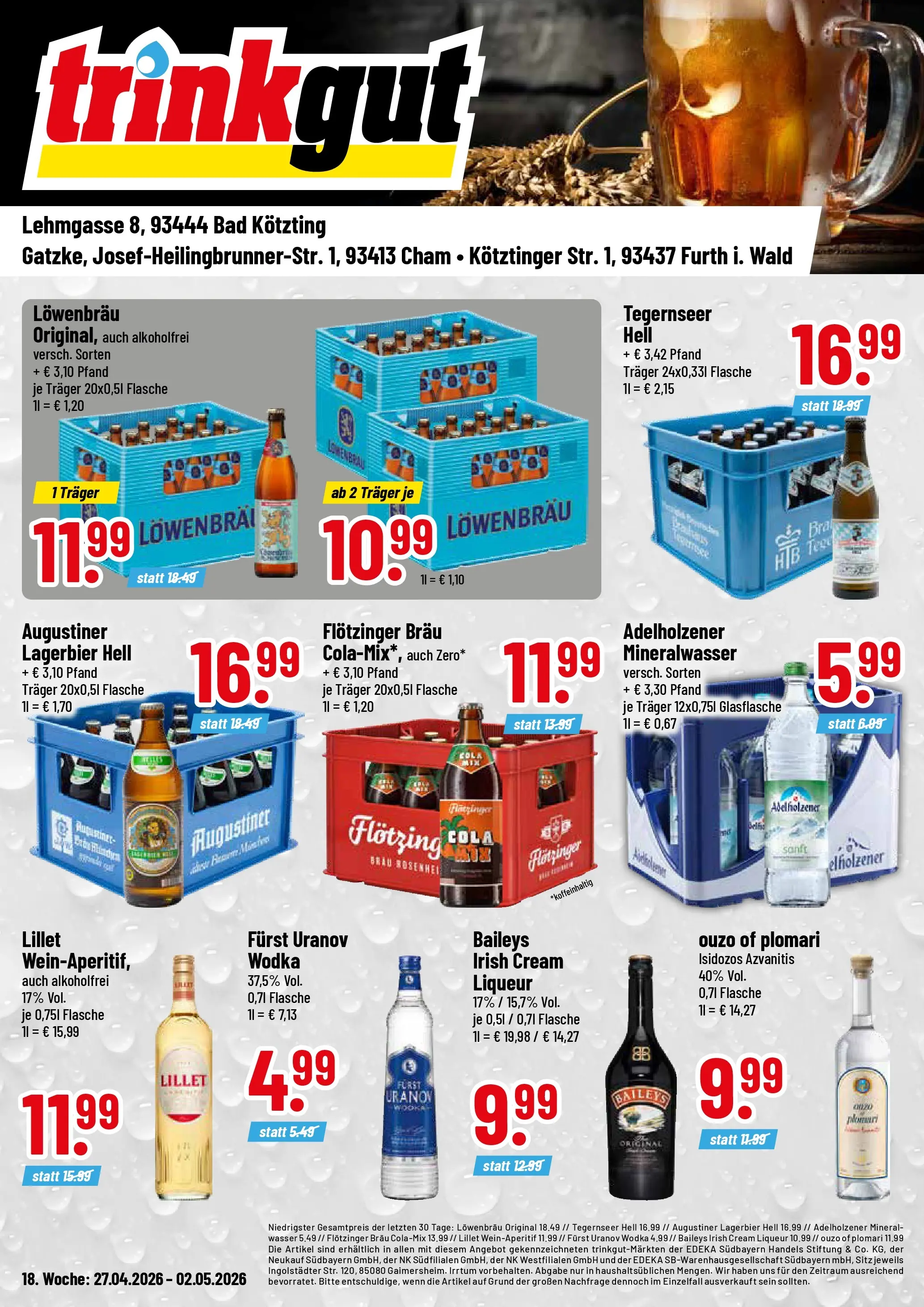 Trinkgut Prospekt Bad Kötzting	 (ab 27.04.2026) » Angebote online | Seite: 1 | Produkte: Ouzo, Adelholzener, Baileys, Wodka