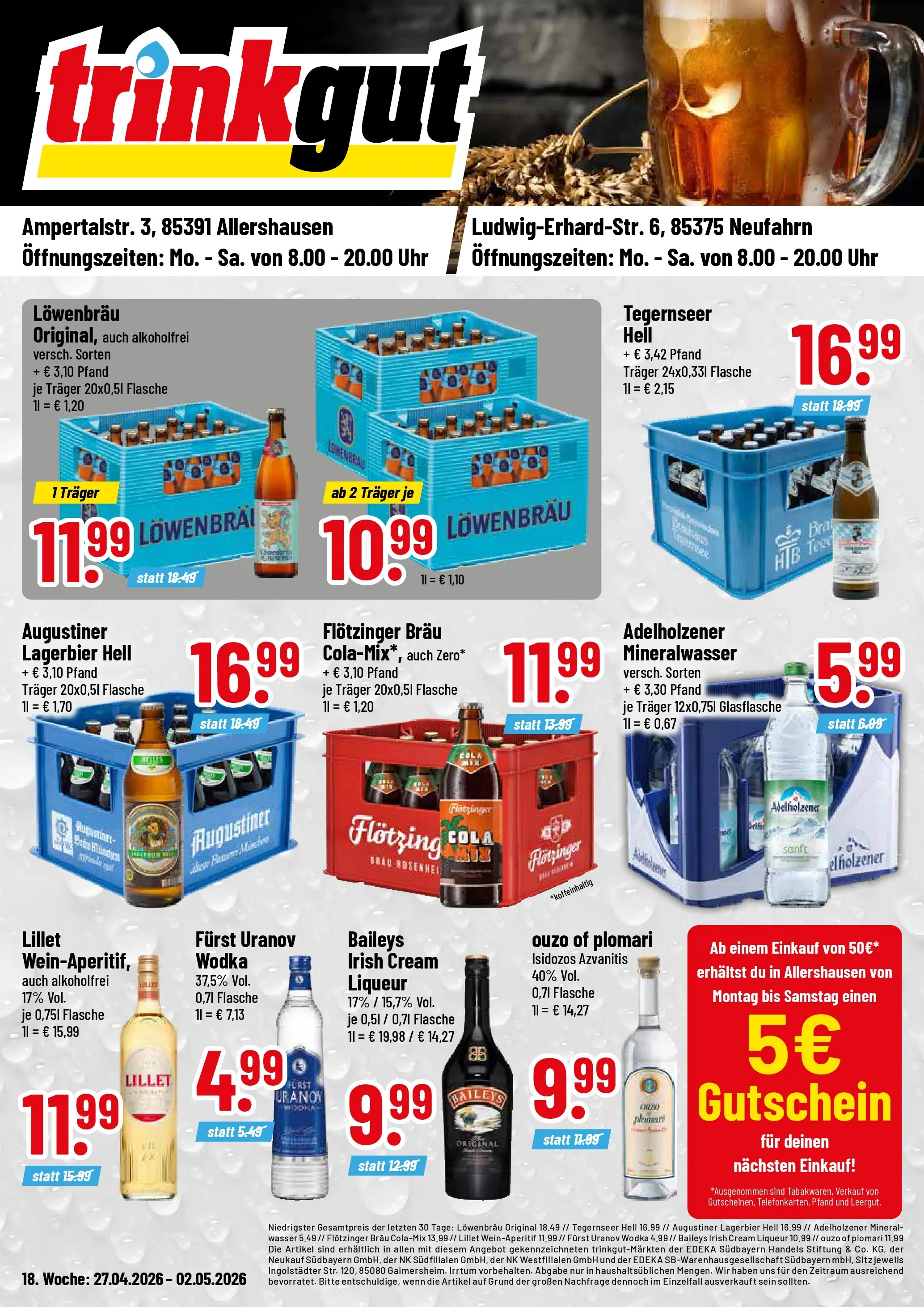 Trinkgut Prospekt Allershausen	 (ab 27.04.2026) » Angebote online | Seite: 1 | Produkte: Cola, Adelholzener, Lillet, Baileys