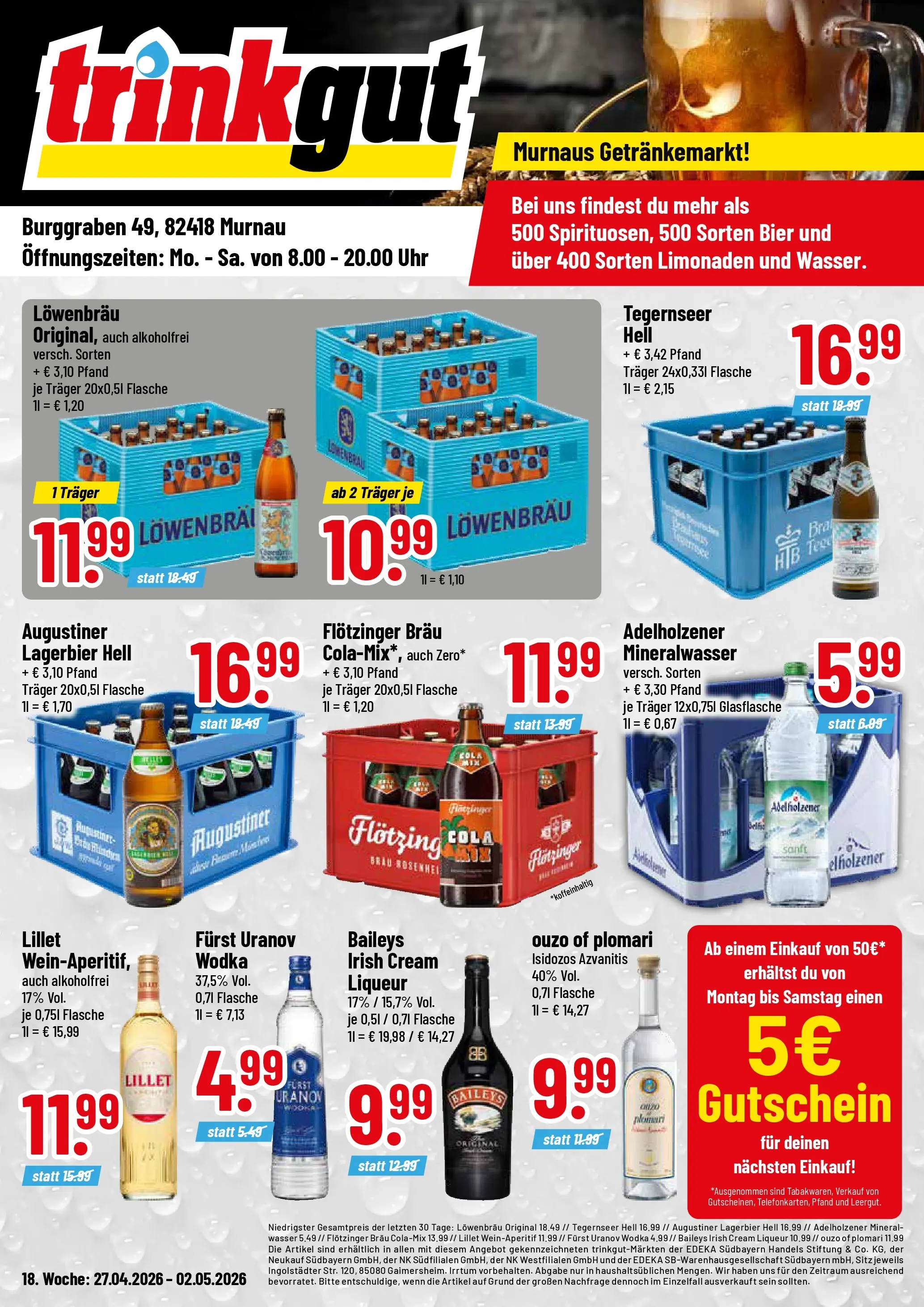 Trinkgut Prospekt Murnau	 (ab 27.04.2026) » Angebote online | Seite: 1 | Produkte: Ouzo, Cola, Wasser, Baileys