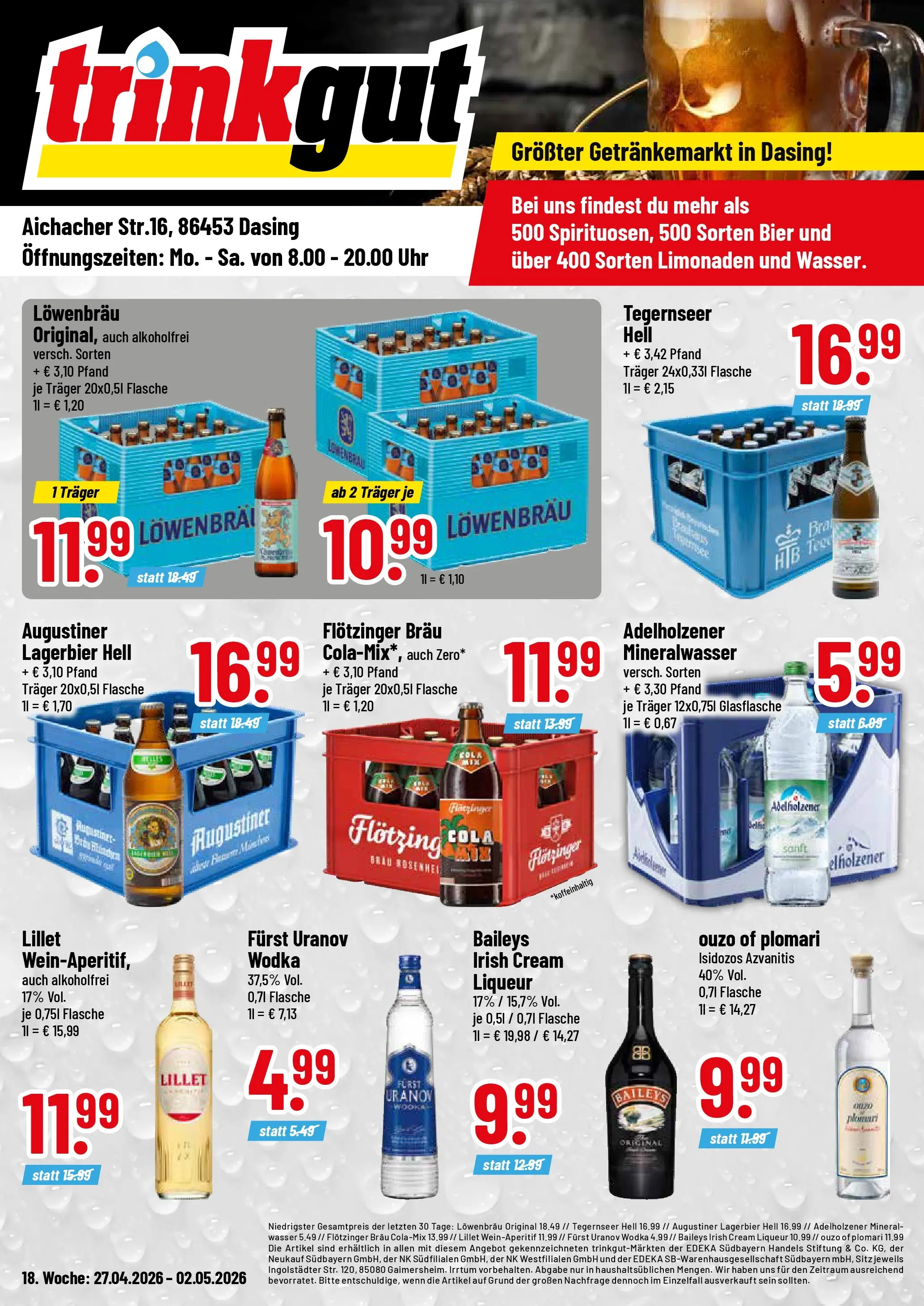 Trinkgut Prospekt Dasing	 (ab 27.04.2026) » Angebote online | Seite: 1 | Produkte: Ouzo, Cola, Bier, Uhr