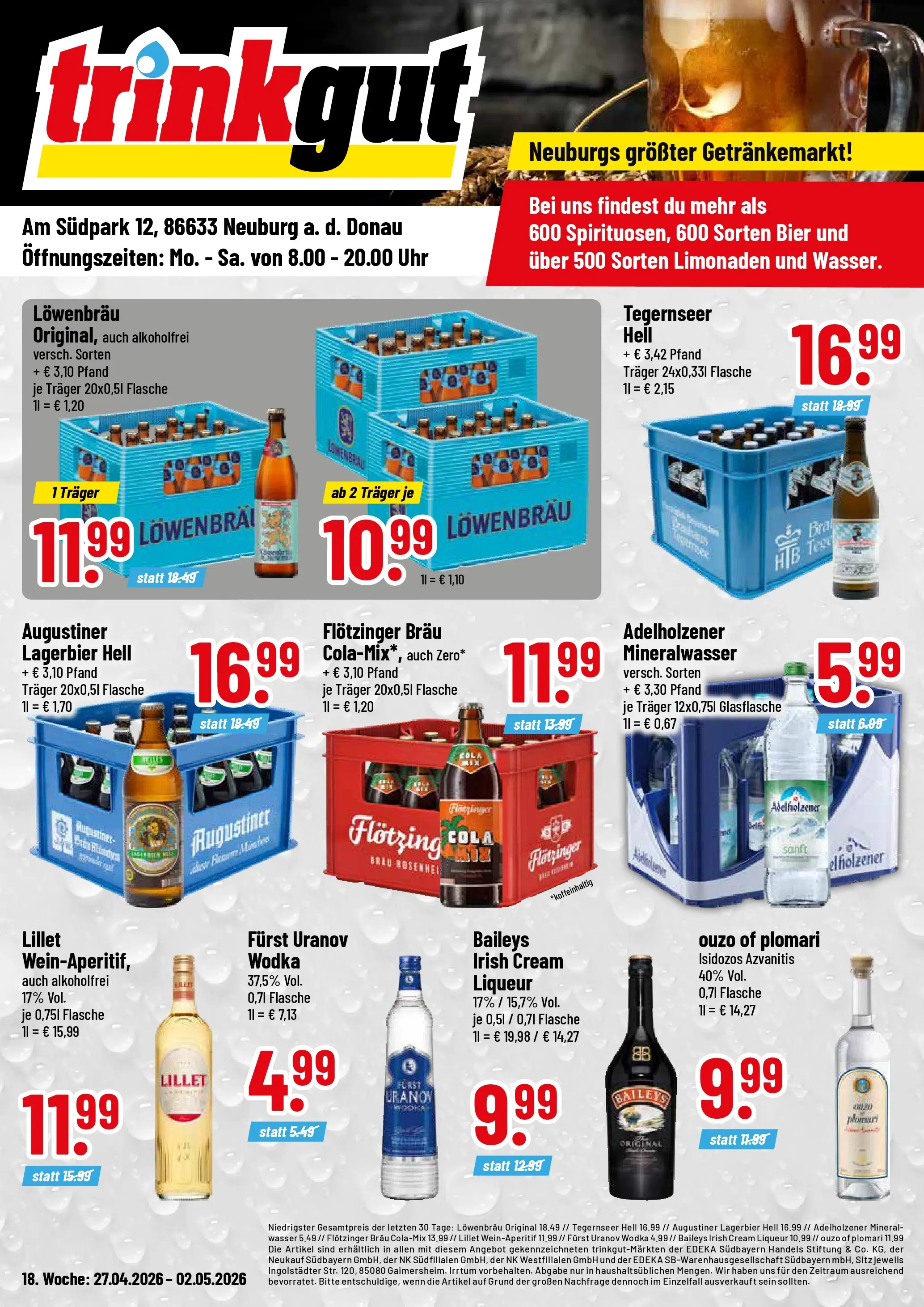 Trinkgut Prospekt Neuburg An Der Donau	 (ab 27.04.2026) » Angebote online | Seite: 1 | Produkte: Ouzo, Adelholzener, Wasser, Uhr