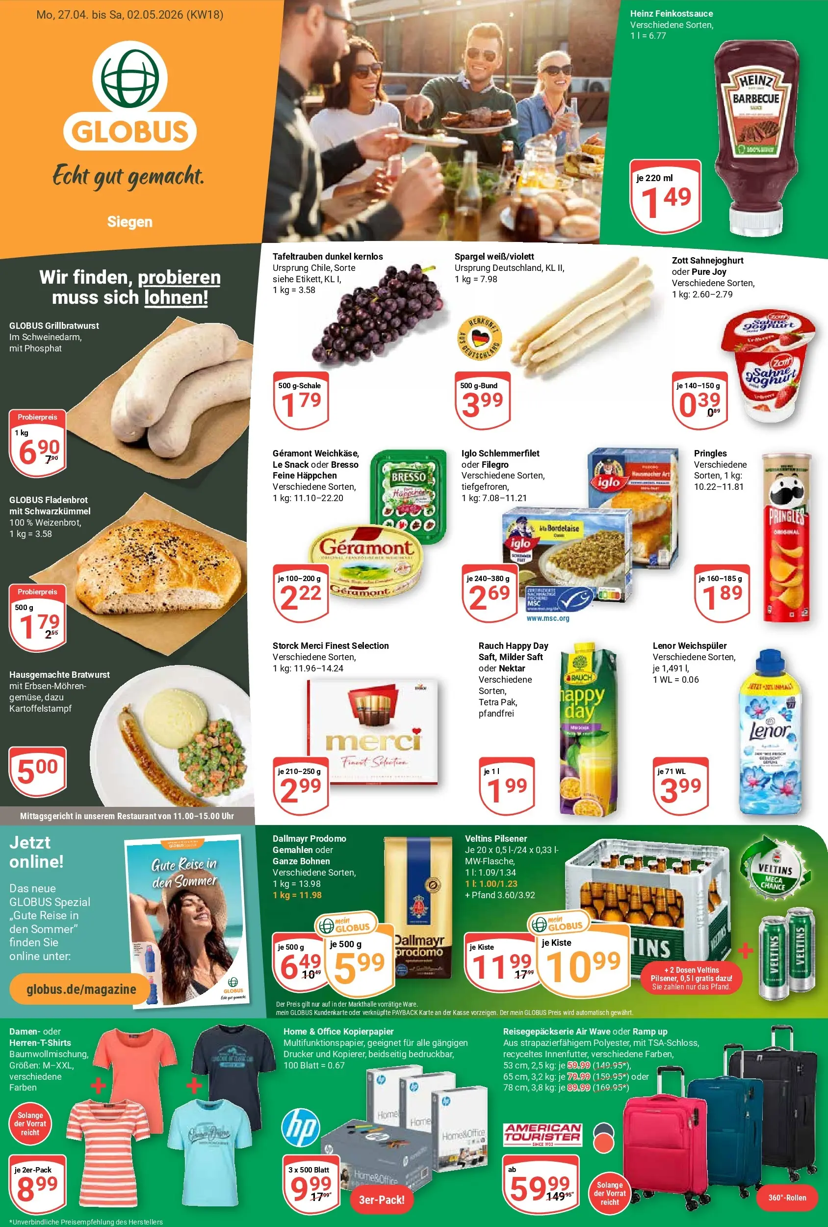 Globus Prospekt Siegen	 (ab 27.04.2026) » Angebote online | Seite: 1 | Produkte: Merci, Iglo, Saft, Dallmayr prodomo