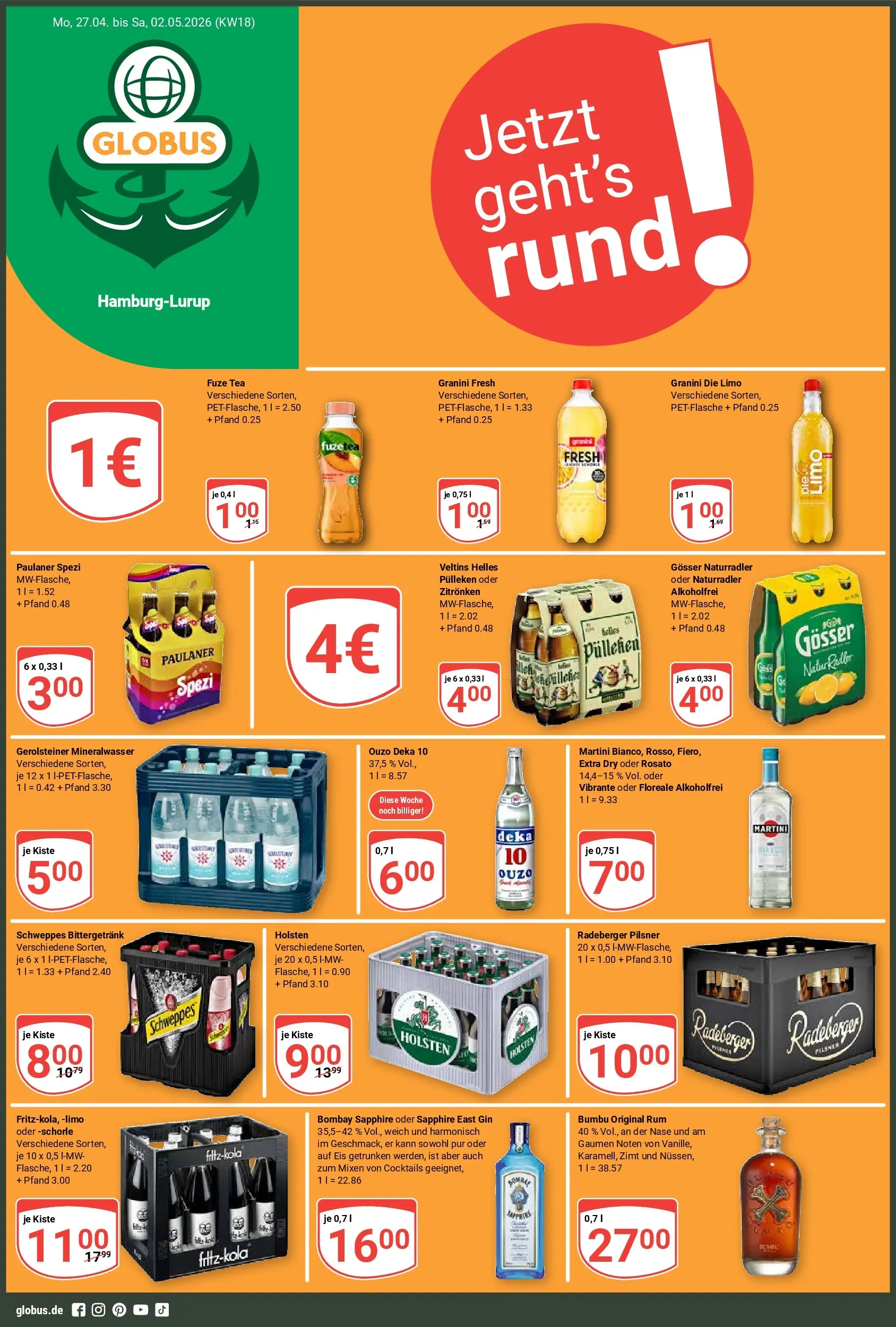 Globus Prospekt Hamburg	 (ab 27.04.2026) » Angebote online | Seite: 1 | Produkte: Martini, Fuze tea, Ouzo, Granini die limo