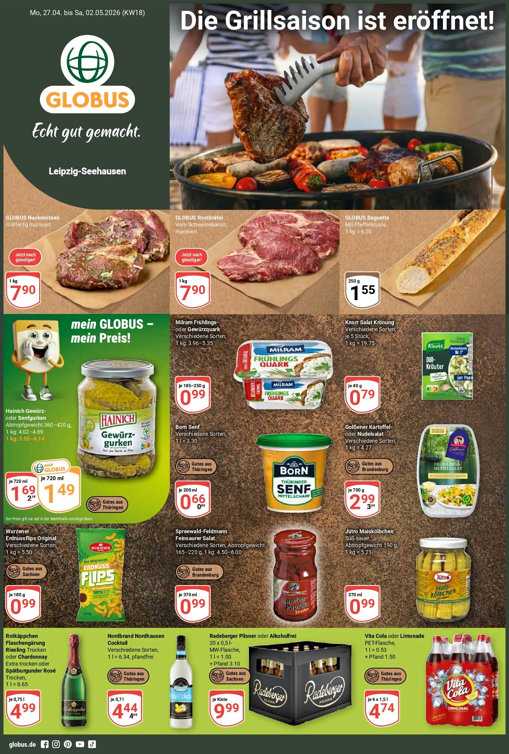Globus Prospekt Leipzig	 (ab 27.04.2026) » Angebote online | Seite: 1 | Produkte: Quark, Baguette, Limonade, Radeberger pilsner