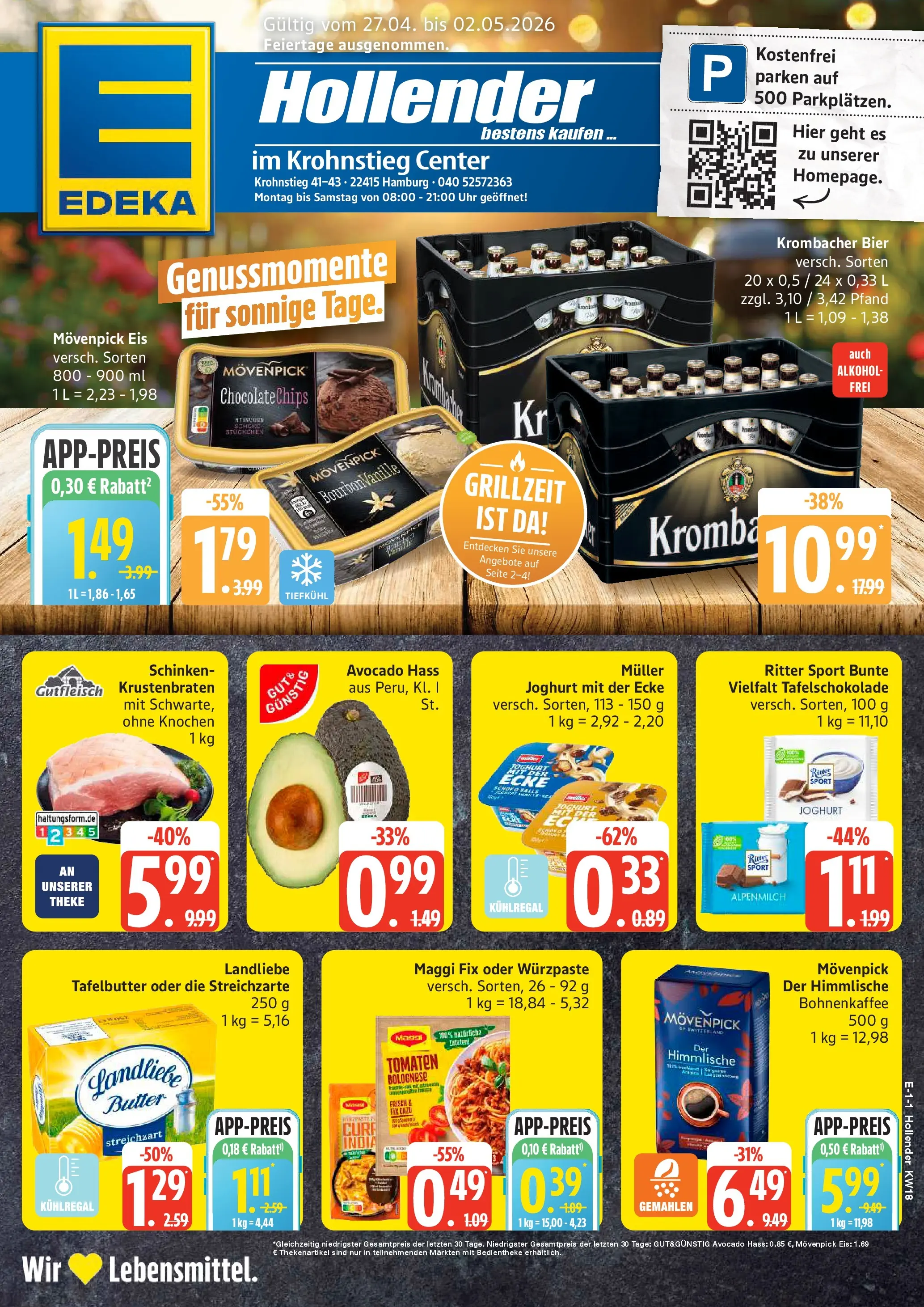 Edeka prospekt Hamburg	 (ab 27.04.2026) » Angebote Online | Seite: 1 | Produkte: Joghurt, Ritter sport, Krustenbraten, Movenpick eis