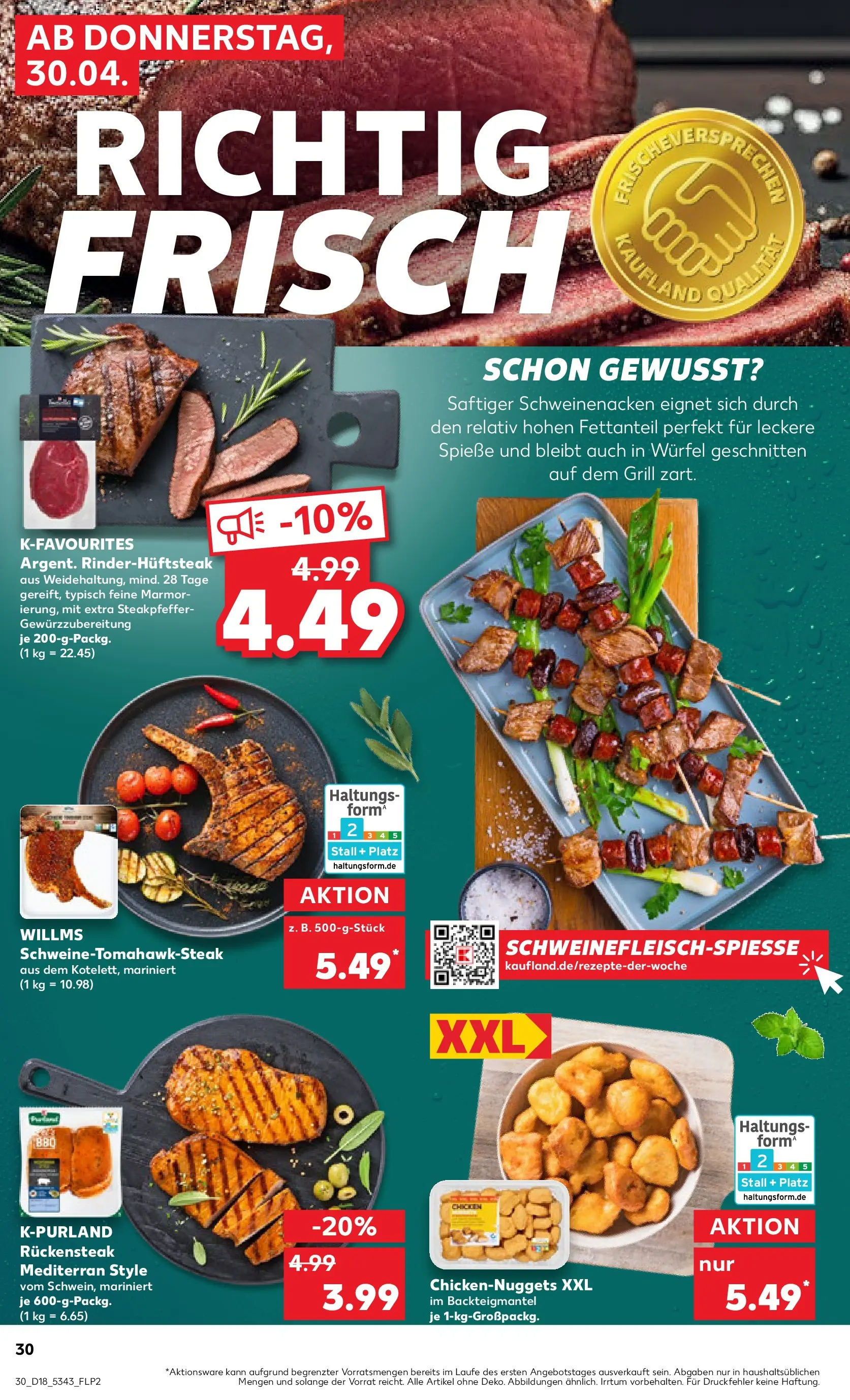 Prospekt Kaufland ab 30.04.2026 » Angebote Online zum Blättern | Seite: 30 | Produkte: Grill, Schweinenacken, Spieße, Steak