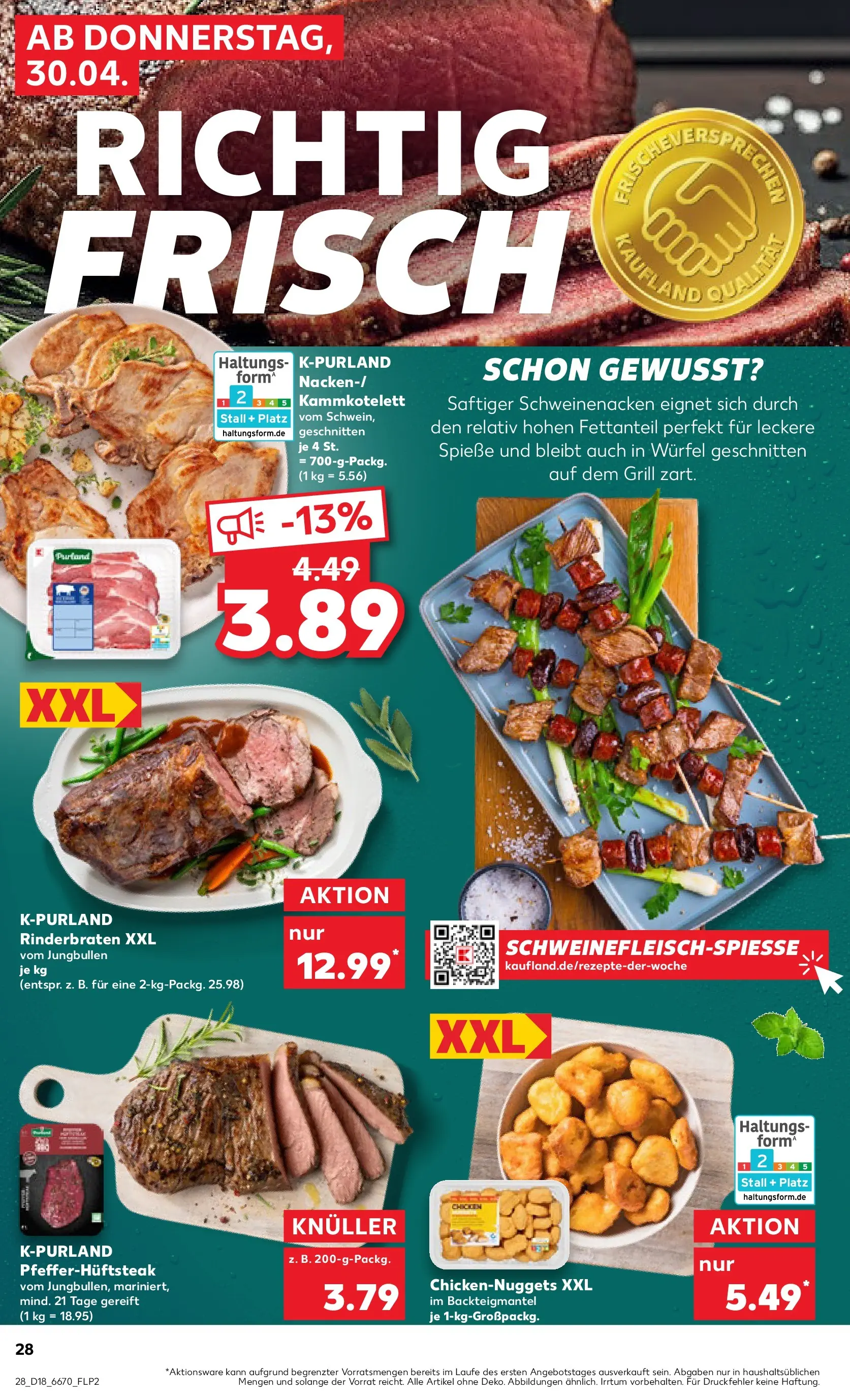 Prospekt Kaufland ab 30.04.2026 » Angebote Online zum Blättern | Seite: 28 | Produkte: Rinderbraten, Schweinenacken, Spieße, Steak