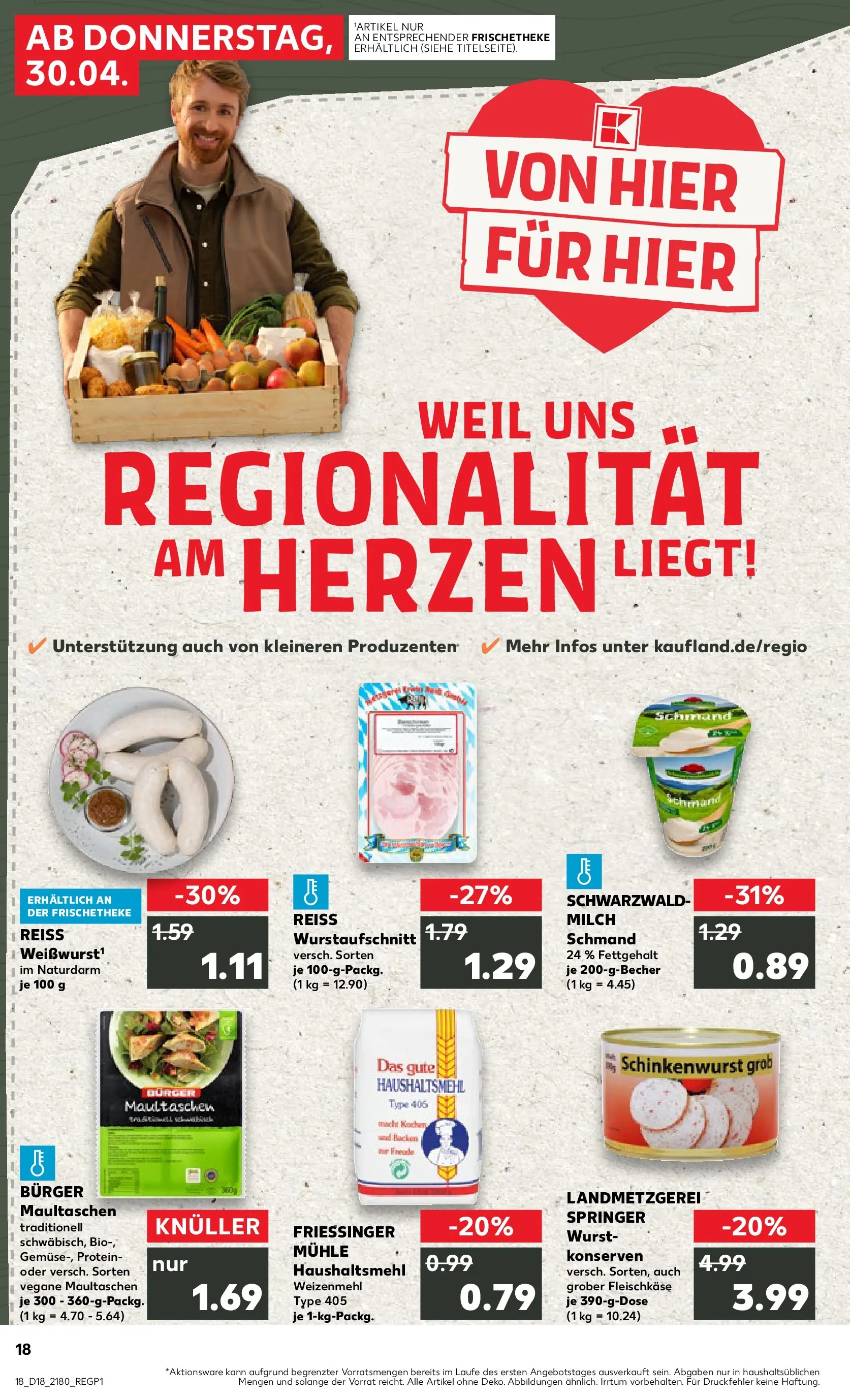 Prospekt Kaufland ab 30.04.2026 » Angebote Online zum Blättern | Seite: 18 | Produkte: Burger, Weizenmehl, Wurst, Maultaschen
